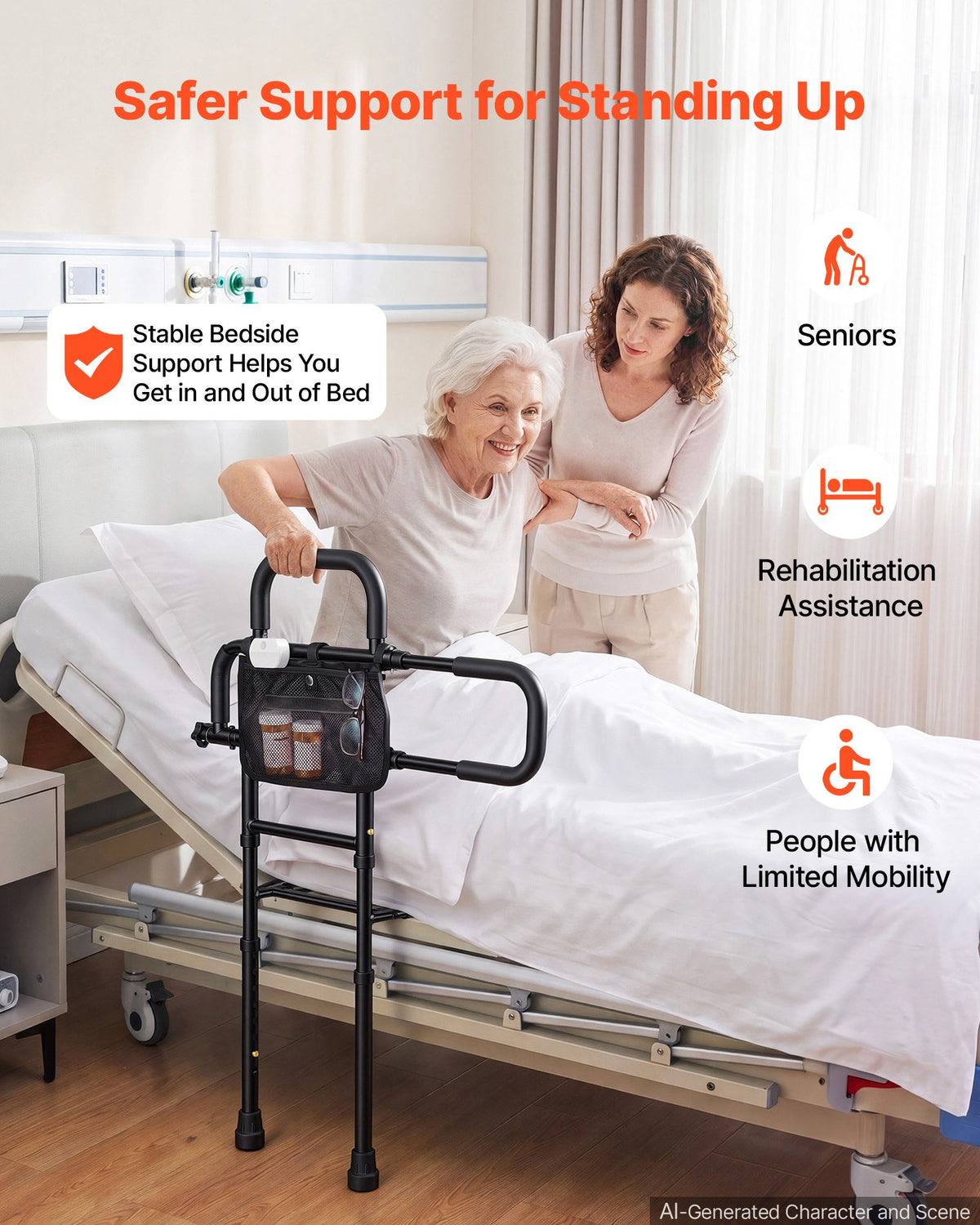 VEVOR Bed Rails for Elderly Adults Bed Side Assist Rail with Floor Support, Motion Sensor LED Light, 136kg Dual-Handle Support, Adjustable Handle Length, Storage Pocket, Fits King Queen Full Twin Bed