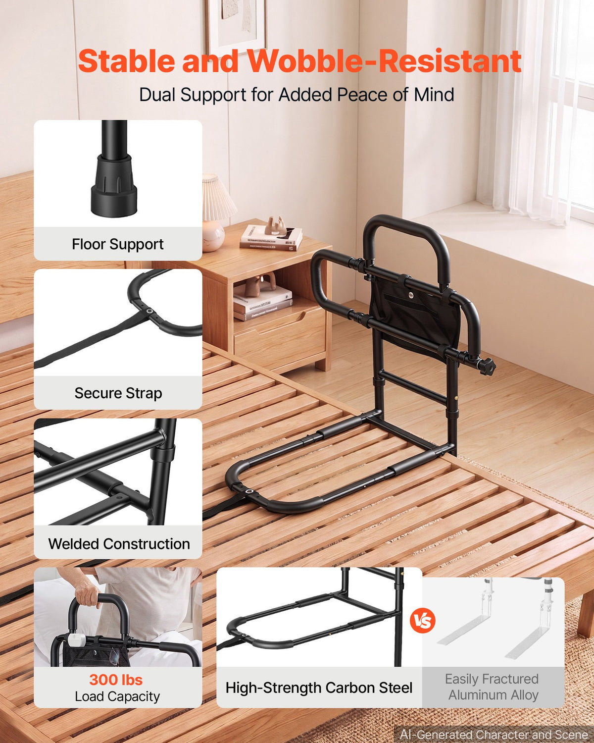 VEVOR Bed Rails for Elderly Adults Bed Side Assist Rail with Floor Support, Motion Sensor LED Light, 136kg Dual-Handle Support, Adjustable Handle Length, Storage Pocket, Fits King Queen Full Twin Bed