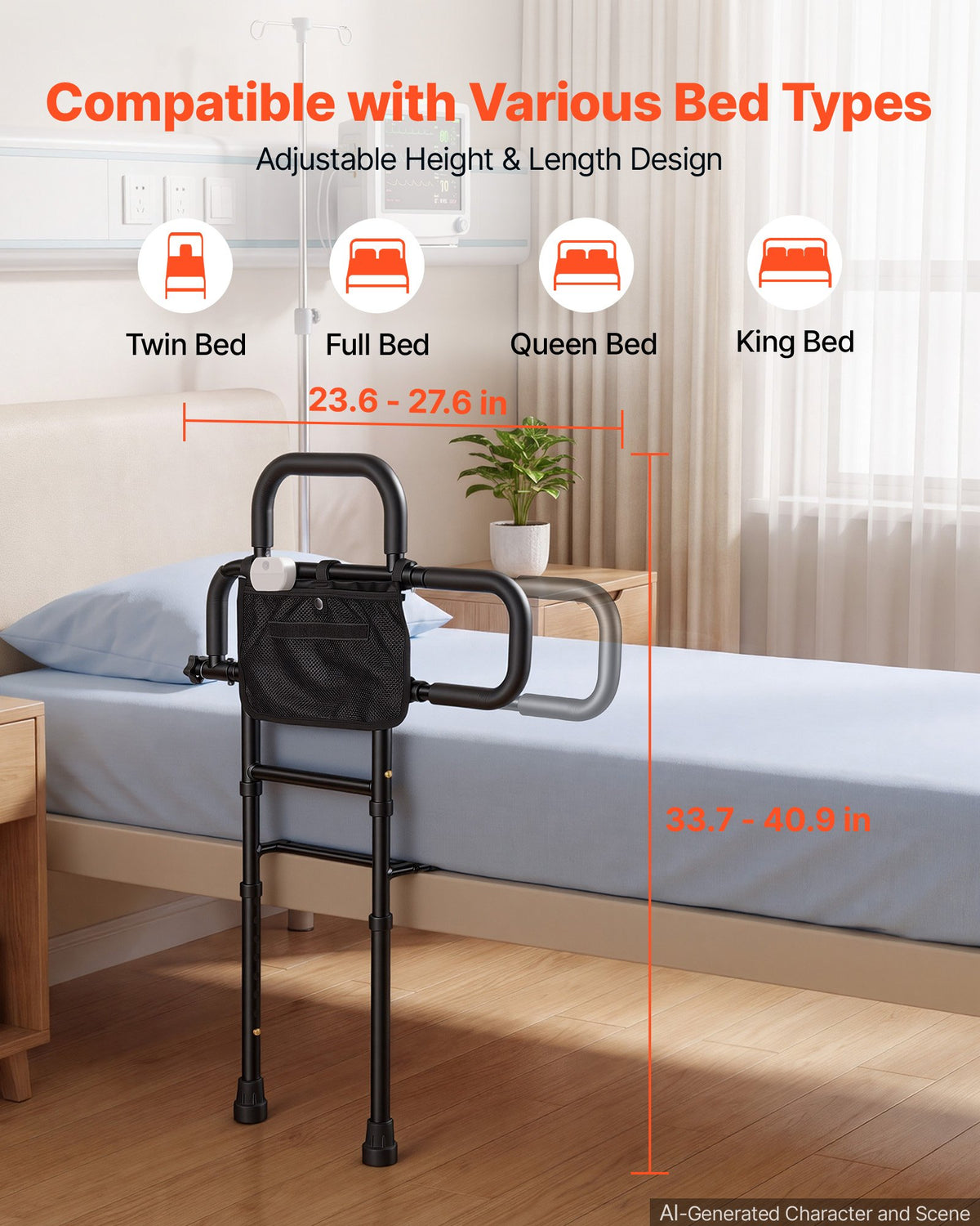 VEVOR Bed Rails for Elderly Adults Bed Side Assist Rail with Floor Support, Motion Sensor LED Light, 136kg Dual-Handle Support, Adjustable Handle Length, Storage Pocket, Fits King Queen Full Twin Bed