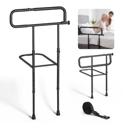 VEVOR Bed Rails for Elderly Adults Folding Bed Side Rail with Floor Support, Length & Height Adjustable, High-Strength Steel Bedside Assist Cane, Fits King Queen Full Twin Bed, 136kg Strong Capacity