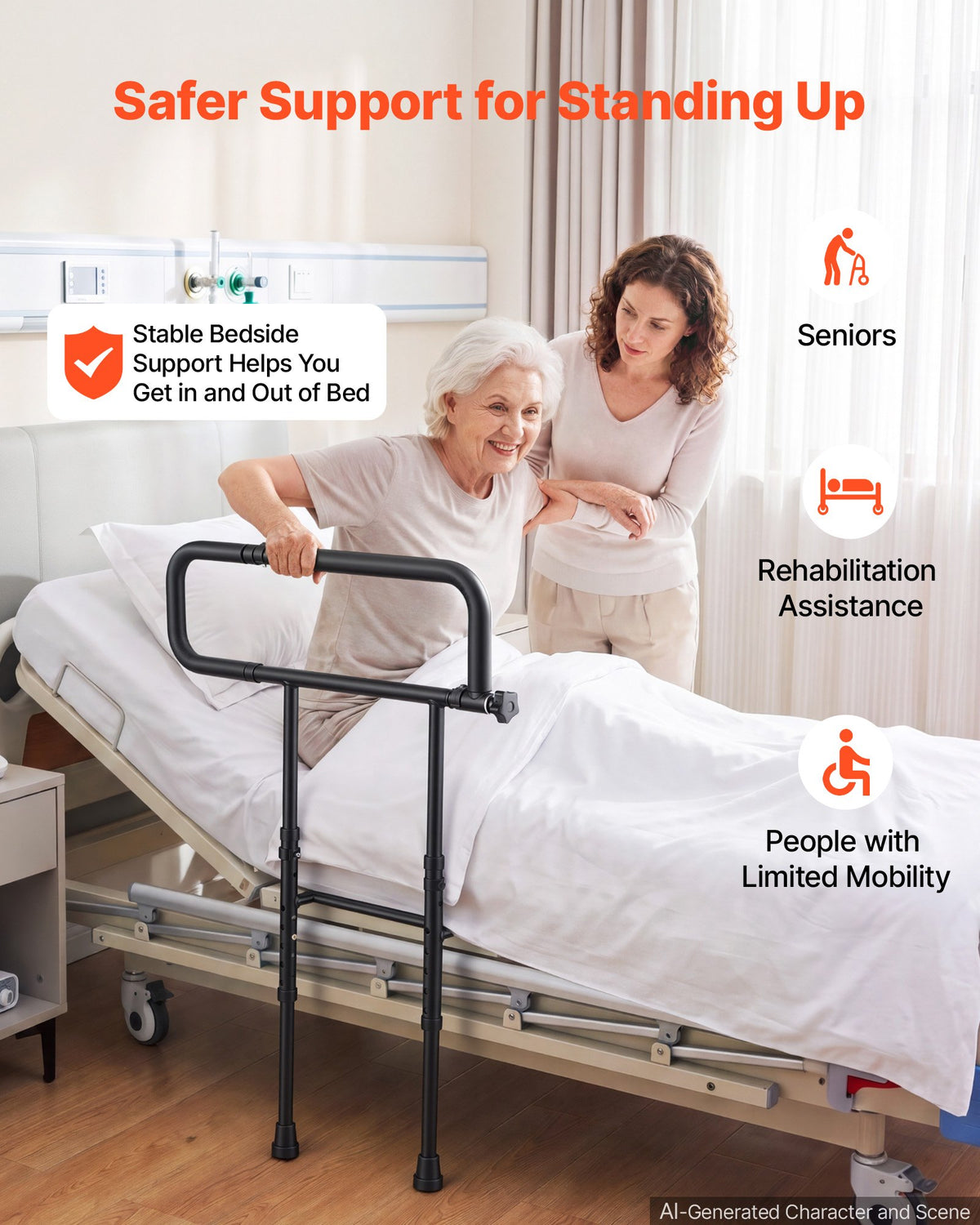 VEVOR Bed Rails for Elderly Adults Folding Bed Side Rail with Floor Support, Length & Height Adjustable, High-Strength Steel Bedside Assist Cane, Fits King Queen Full Twin Bed, 136kg Strong Capacity