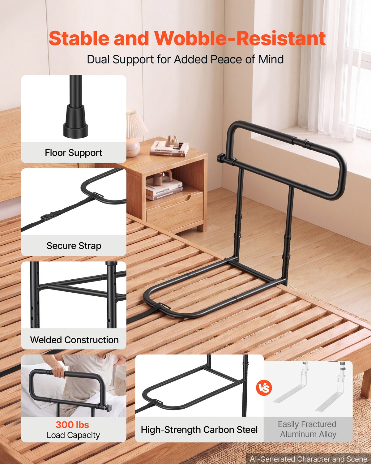 VEVOR Bed Rails for Elderly Adults Folding Bed Side Rail with Floor Support, Length & Height Adjustable, High-Strength Steel Bedside Assist Cane, Fits King Queen Full Twin Bed, 136kg Strong Capacity