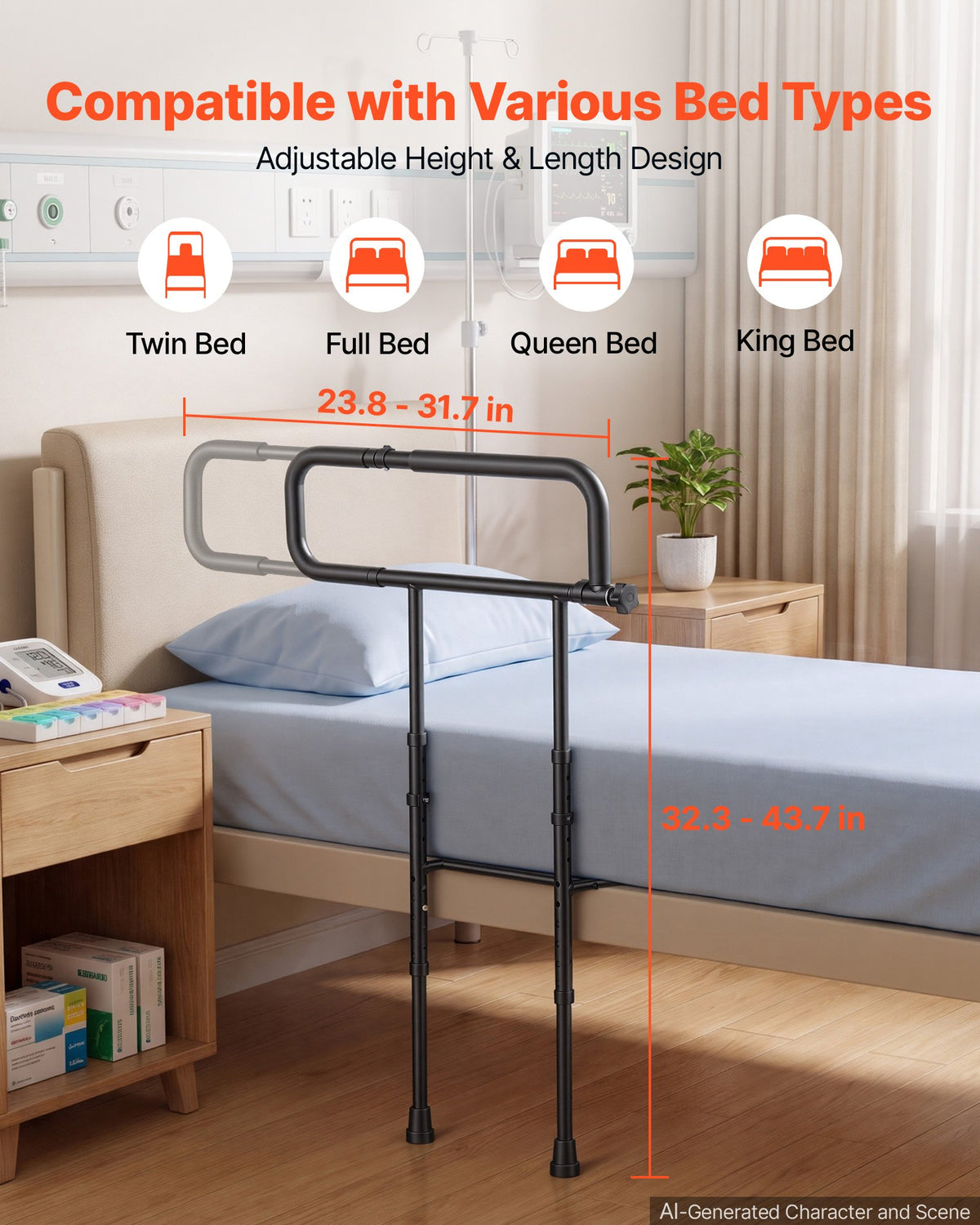 VEVOR Bed Rails for Elderly Adults Folding Bed Side Rail with Floor Support, Length & Height Adjustable, High-Strength Steel Bedside Assist Cane, Fits King Queen Full Twin Bed, 136kg Strong Capacity