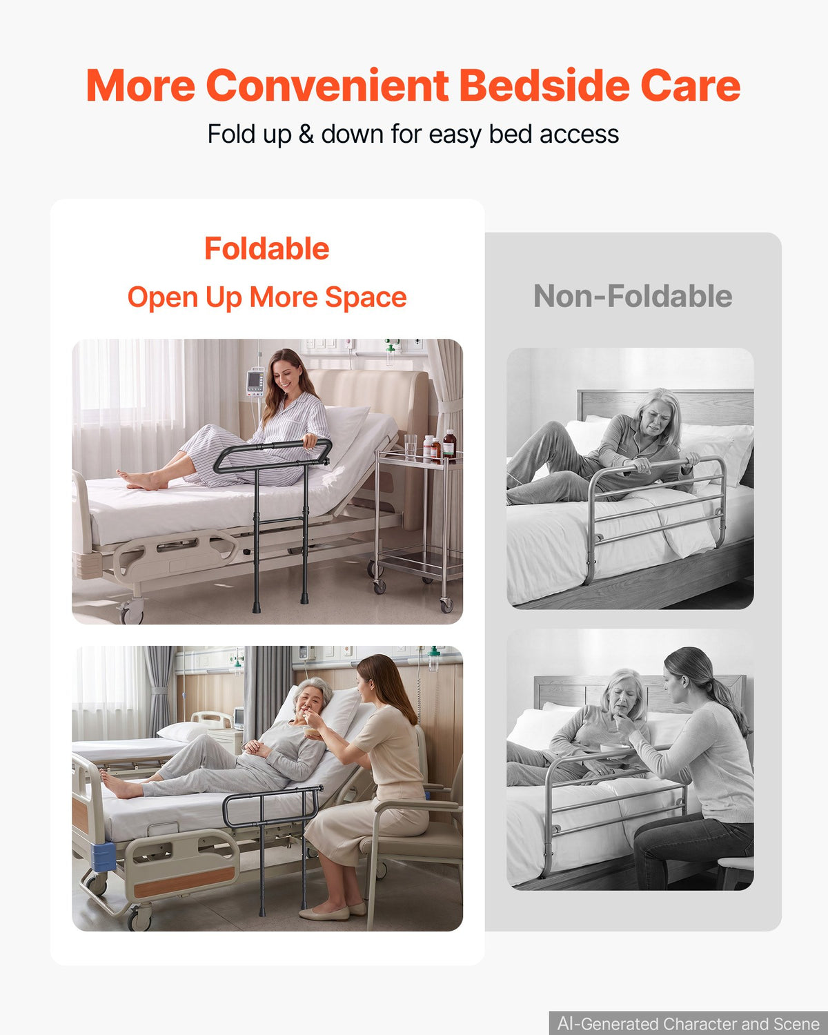 VEVOR Bed Rails for Elderly Adults Folding Bed Side Rail with Floor Support, Length & Height Adjustable, High-Strength Steel Bedside Assist Cane, Fits King Queen Full Twin Bed, 136kg Strong Capacity