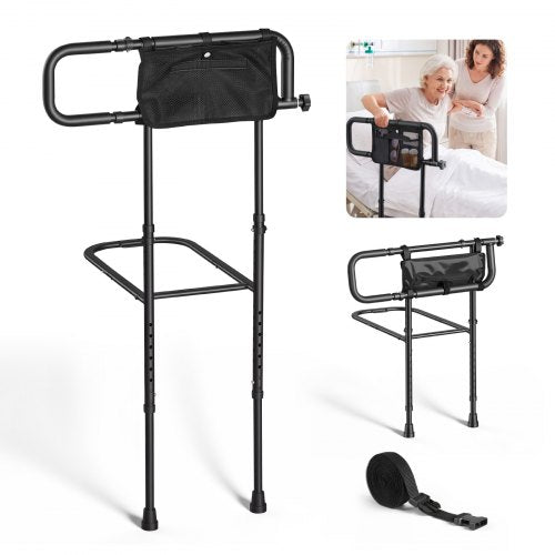 VEVOR Bed Rails for Elderly Adults Folding Bed Side Rail with Floor Support, Length & Height Adjustable, 136kg Strong Capacity, Bedside Assist Cane with Storage Pocket, Fits King Queen Full Twin Bed