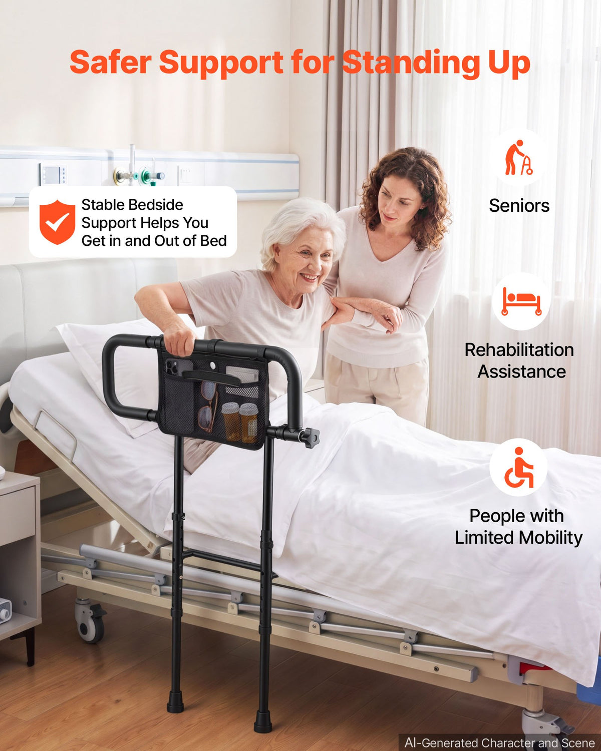 VEVOR Bed Rails for Elderly Adults Folding Bed Side Rail with Floor Support, Length & Height Adjustable, 136kg Strong Capacity, Bedside Assist Cane with Storage Pocket, Fits King Queen Full Twin Bed