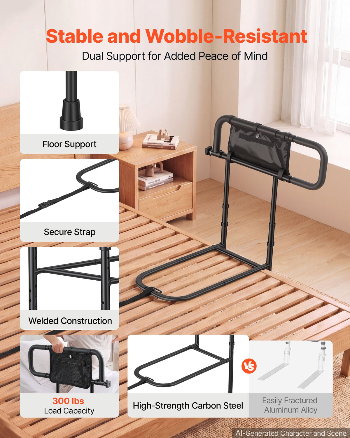 VEVOR Bed Rails for Elderly Adults Folding Bed Side Rail with Floor Support, Length & Height Adjustable, 136kg Strong Capacity, Bedside Assist Cane with Storage Pocket, Fits King Queen Full Twin Bed