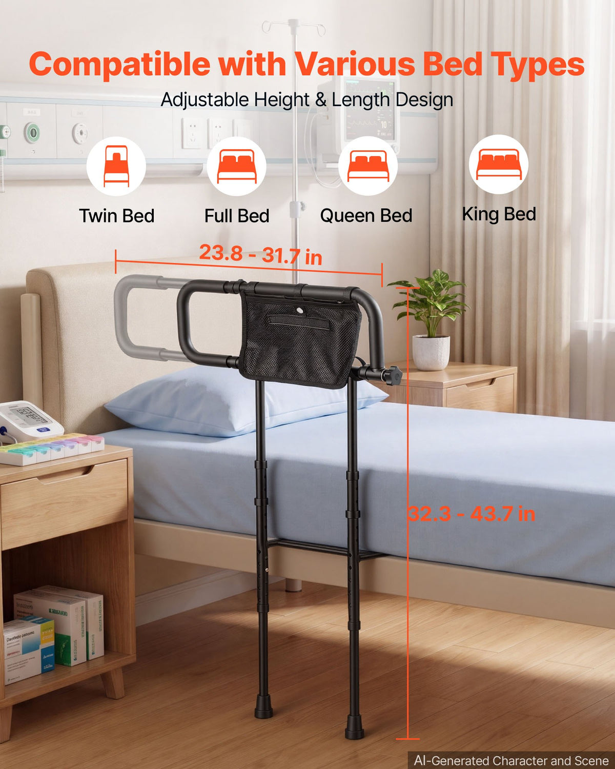 VEVOR Bed Rails for Elderly Adults Folding Bed Side Rail with Floor Support, Length & Height Adjustable, 136kg Strong Capacity, Bedside Assist Cane with Storage Pocket, Fits King Queen Full Twin Bed