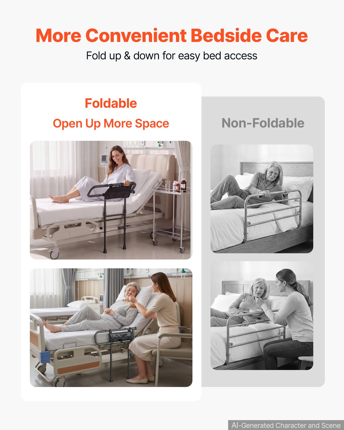 VEVOR Bed Rails for Elderly Adults Folding Bed Side Rail with Floor Support, Length & Height Adjustable, 136kg Strong Capacity, Bedside Assist Cane with Storage Pocket, Fits King Queen Full Twin Bed