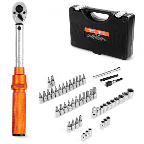 VEVOR Click Torque Wrench Set, 1/4Inch Drive, 20-240 lbf-in / 2.3-27.1N.m, Dual-direction and Dual Range Scales, 72-Tooth, ±3% High Precision, with Bits, Sockets, Adapters, Extension Bar, Orange