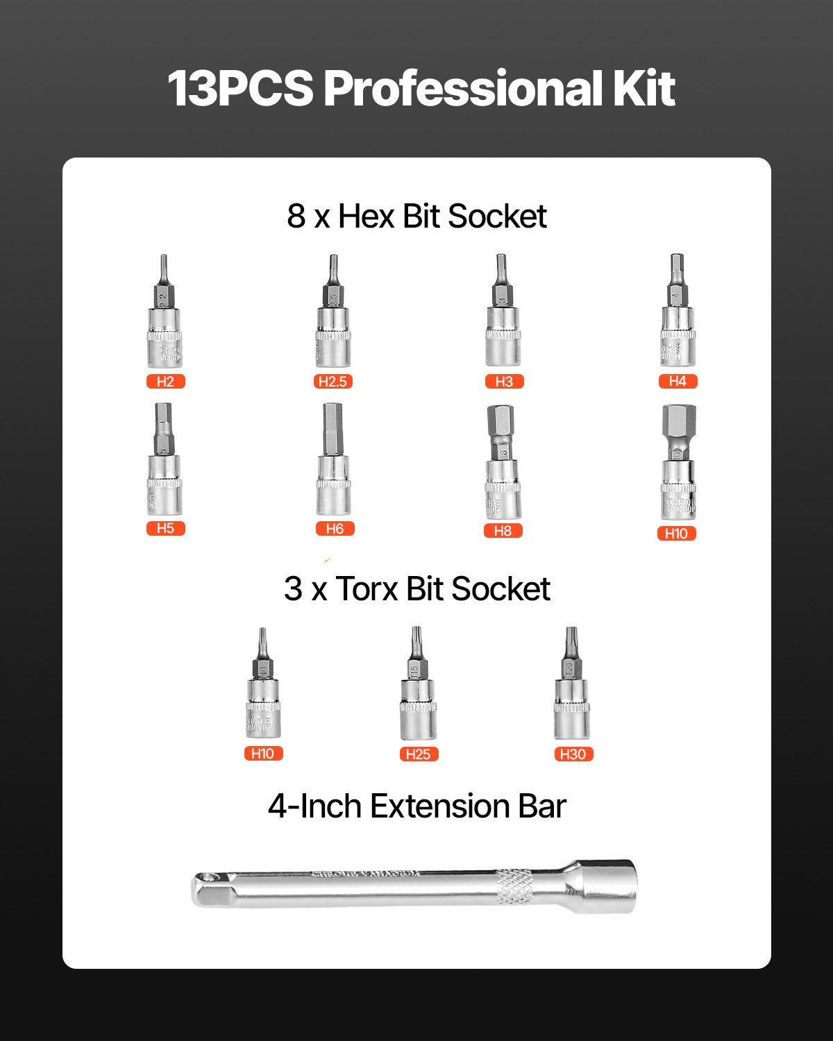 VEVOR Click Torque Wrench Set, 1/4Inch Drive, 20-200lbf-in/2.3-22.6N.m, Dual-direction and Dual Range Scales, 72-Tooth, ±3% High Precision, with Bit Sockets, Extension Bar, for Bicycle Repair, Orange