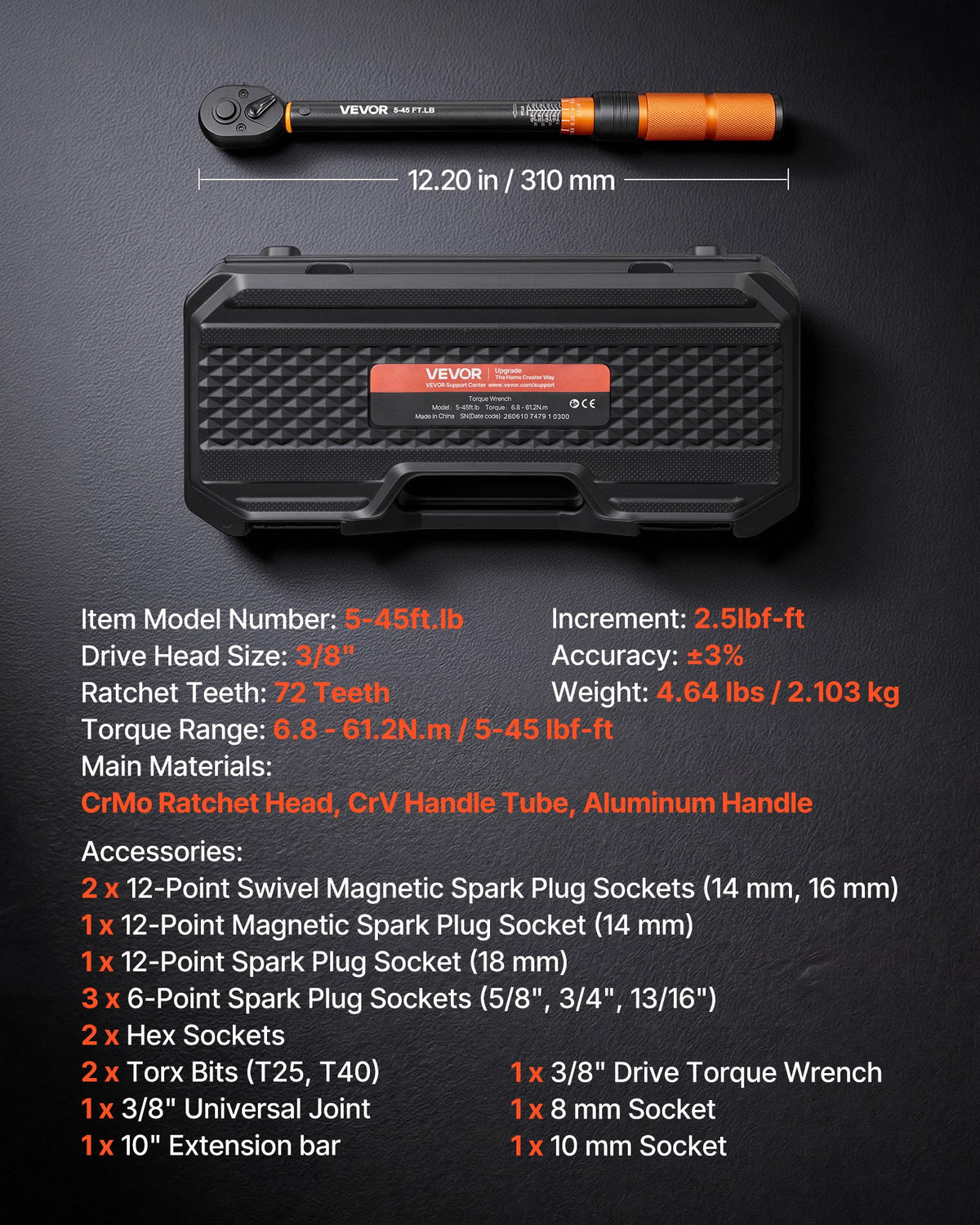 VEVOR Torque Wrench 3/8-inch Drive Click Torque Wrench Dual Scale Readings, 5-45 lbf-ft / 6.8-61.2 N.m, ±3% High Precision, with Spark Plug Sockets, Bits, Universal Joint, Extension Bar, Storage Case