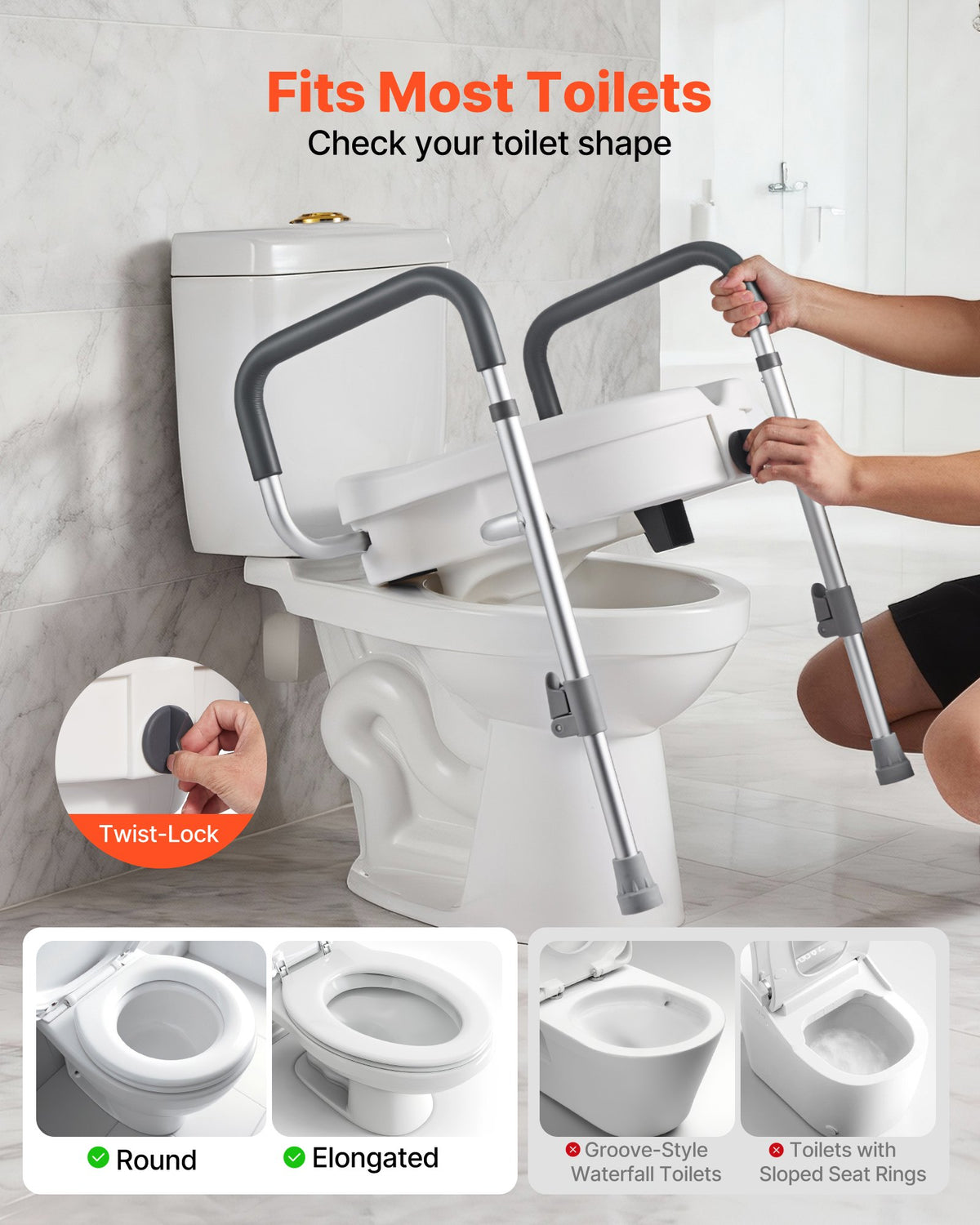 VEVOR Raised Toilet Seat with Arms, 350 lbs Capacity, 5-Inch Lift Height & Adjustable Width, Widened Commode Elevated Toilet Seat Riser with Handles for Seniors, Elderly, Handicap, Disabled, Adults