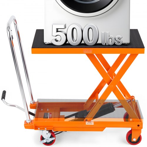 VEVOR Hydraulic Lift Table Cart, 500lbs Capacity 28.5" Lifting Height, Manual Single Scissor Lift Table with 4 Wheels and Non-slip Pad, Hydraulic Scissor Cart for Material Handling, Orange