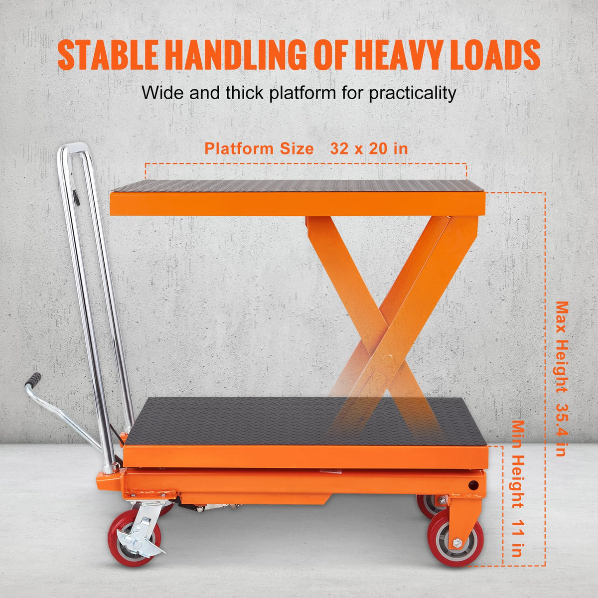 VEVOR Hydraulic Lift Table Cart, 1100lbs Capacity 35.4" Lifting Height, Manual Single Scissor Lift Table with 4 Wheels and Non-slip Pad, Hydraulic Scissor Cart for Material Handling and Transportation