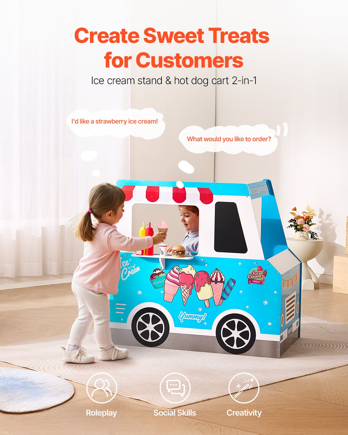 VEVOR Ice Cream Cart for Kids, 20+ PCS Ice Cream Truck Wooden Playset, Pretend Play Stand with Steering Wheel & Chalkboard, Payment Scanner & Freezer, Faucet & Sink, Suitable for Kids 3-7 Years Old