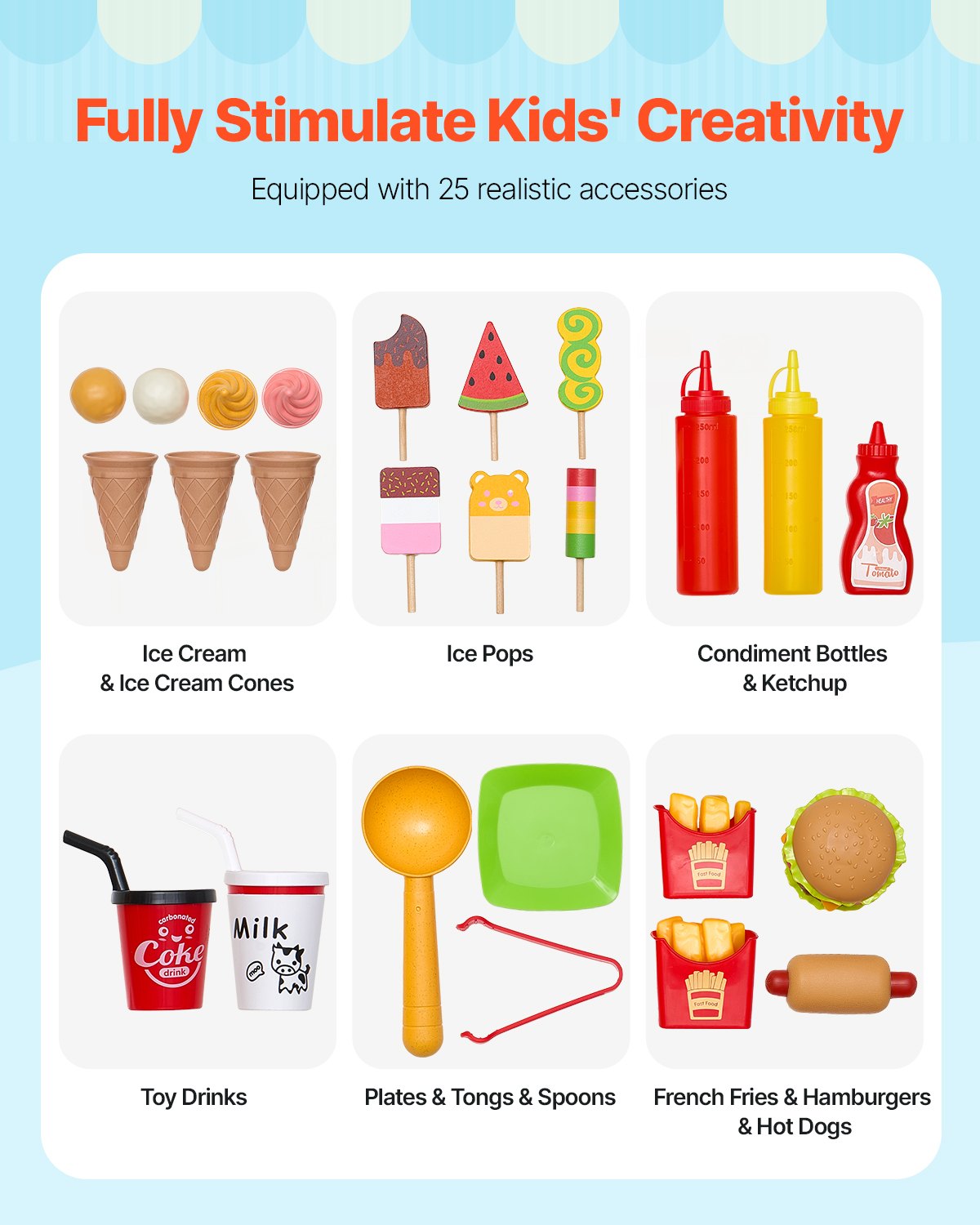 VEVOR Ice Cream Cart for Kids, 20+ PCS Ice Cream Truck Wooden Playset, Pretend Play Stand with Steering Wheel & Chalkboard, Payment Scanner & Freezer, Faucet & Sink, Suitable for Kids 3-7 Years Old