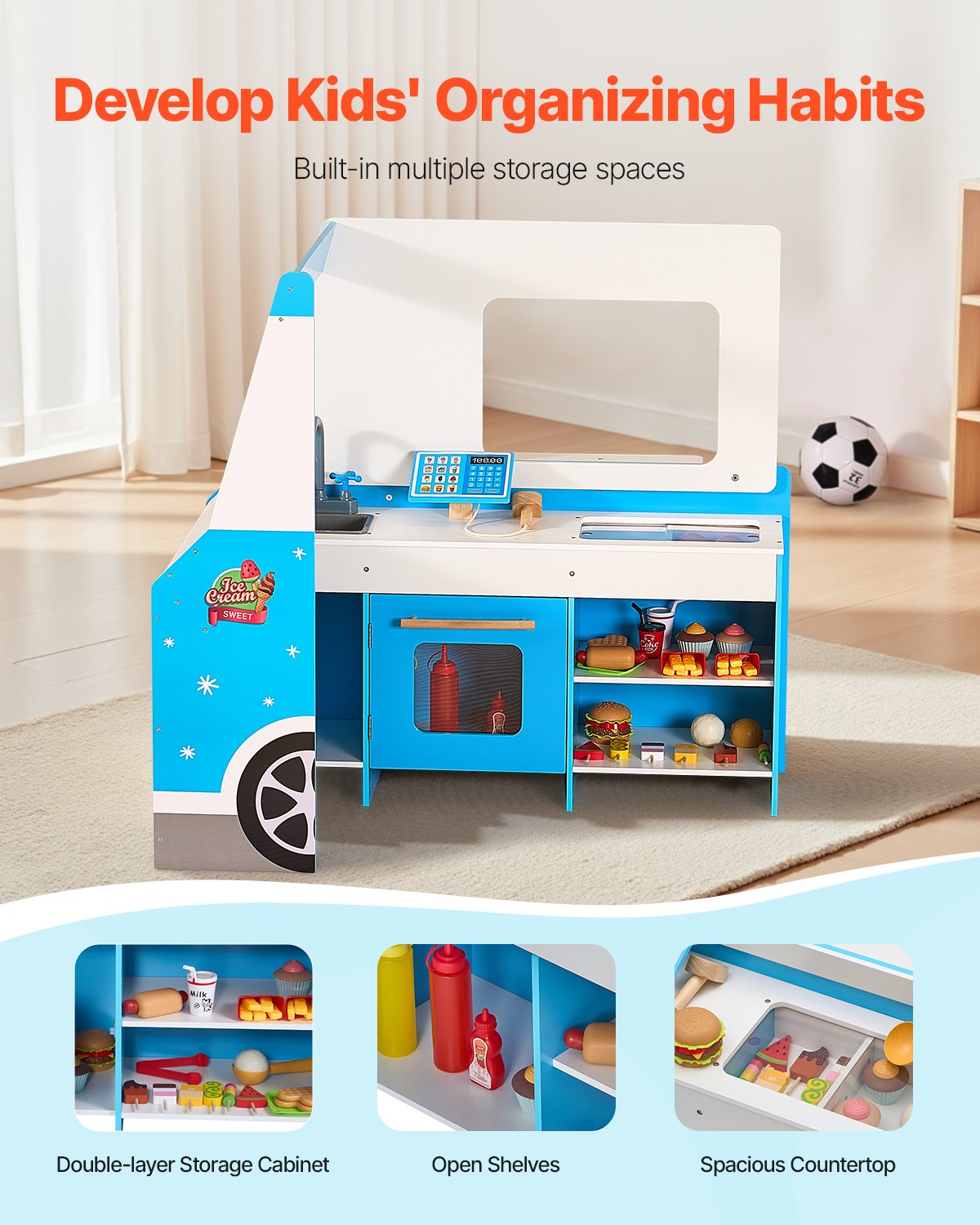 VEVOR Ice Cream Cart for Kids, 20+ PCS Ice Cream Truck Wooden Playset, Pretend Play Stand with Steering Wheel & Chalkboard, Payment Scanner & Freezer, Faucet & Sink, Suitable for Kids 3-7 Years Old