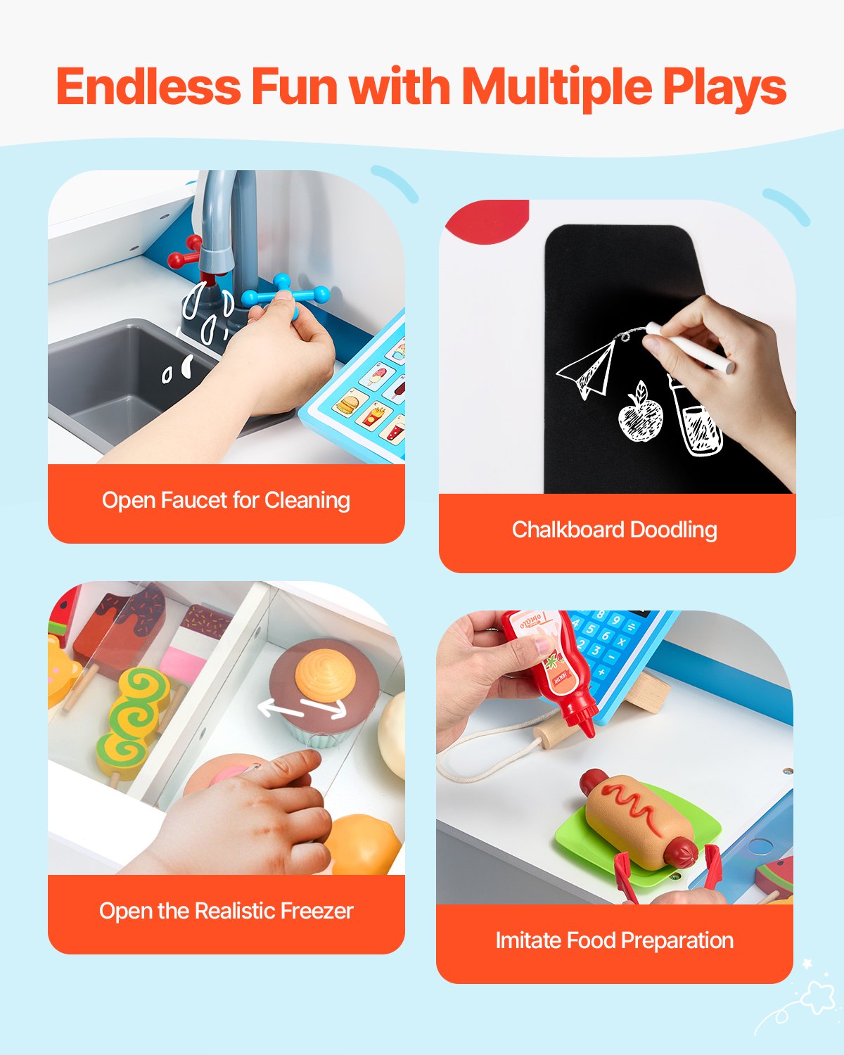 VEVOR Ice Cream Cart for Kids, 20+ PCS Ice Cream Truck Wooden Playset, Pretend Play Stand with Steering Wheel & Chalkboard, Payment Scanner & Freezer, Faucet & Sink, Suitable for Kids 3-7 Years Old