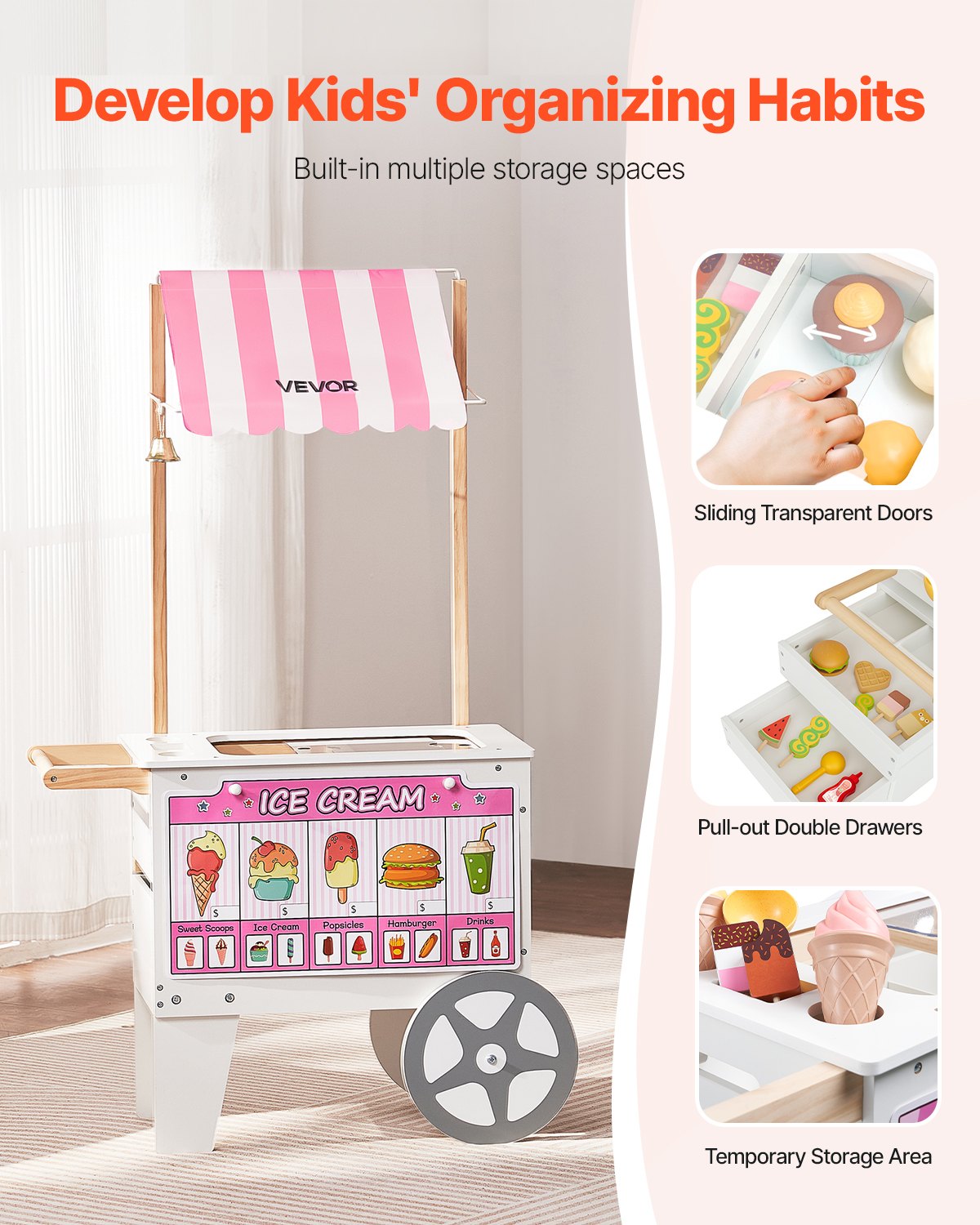 VEVOR Ice Cream Cart for Kids, 20+ PCS Accessories, Pretend Play Ice Cream Shop Kitchen Food Toys with Ice Cream Cone & Popsicle, Awning & Freezer, Storage Drawers & Flipping Menus, For Kids Aged 3-7