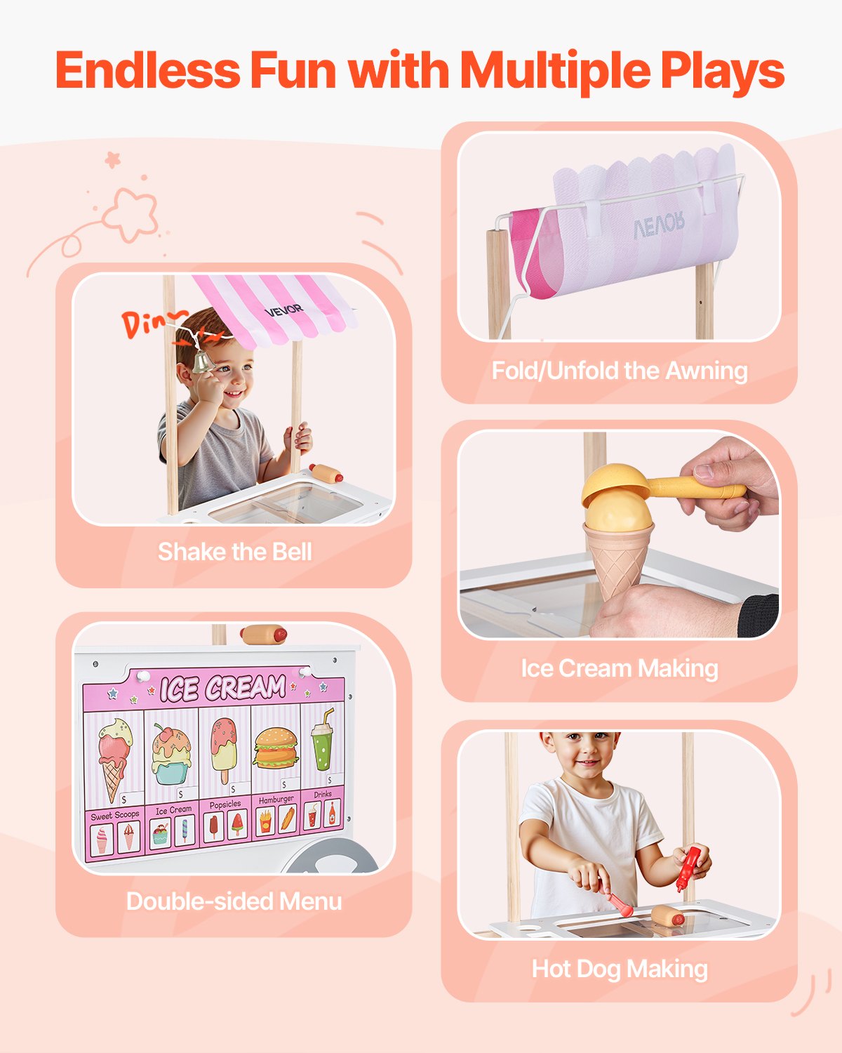 VEVOR Ice Cream Cart for Kids, 20+ PCS Accessories, Pretend Play Ice Cream Shop Kitchen Food Toys with Ice Cream Cone & Popsicle, Awning & Freezer, Storage Drawers & Flipping Menus, For Kids Aged 3-7