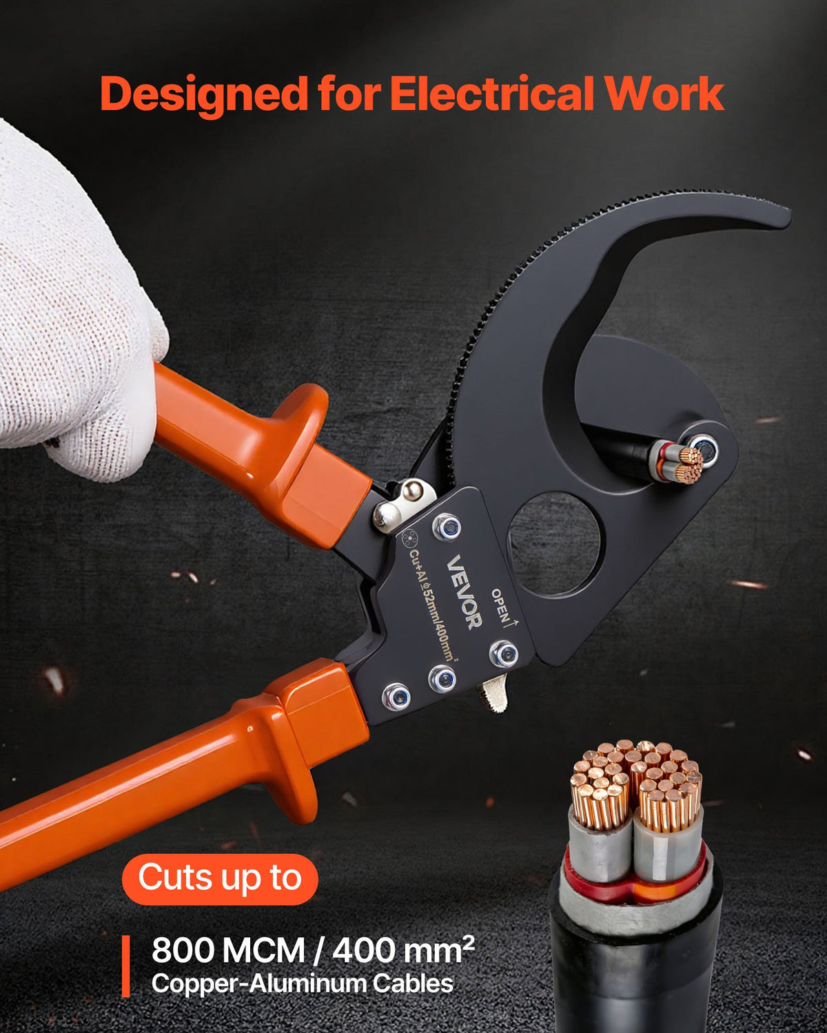 VEVOR Ratcheting Cable Cutter, Spring Steel Blades with PVC-Coated Handles, Quick-Release Button, Heavy Duty Ratchet Cable Wire Cutter for Cutting Copper & Aluminum Cables Up to 800 MCM / 400 mm²