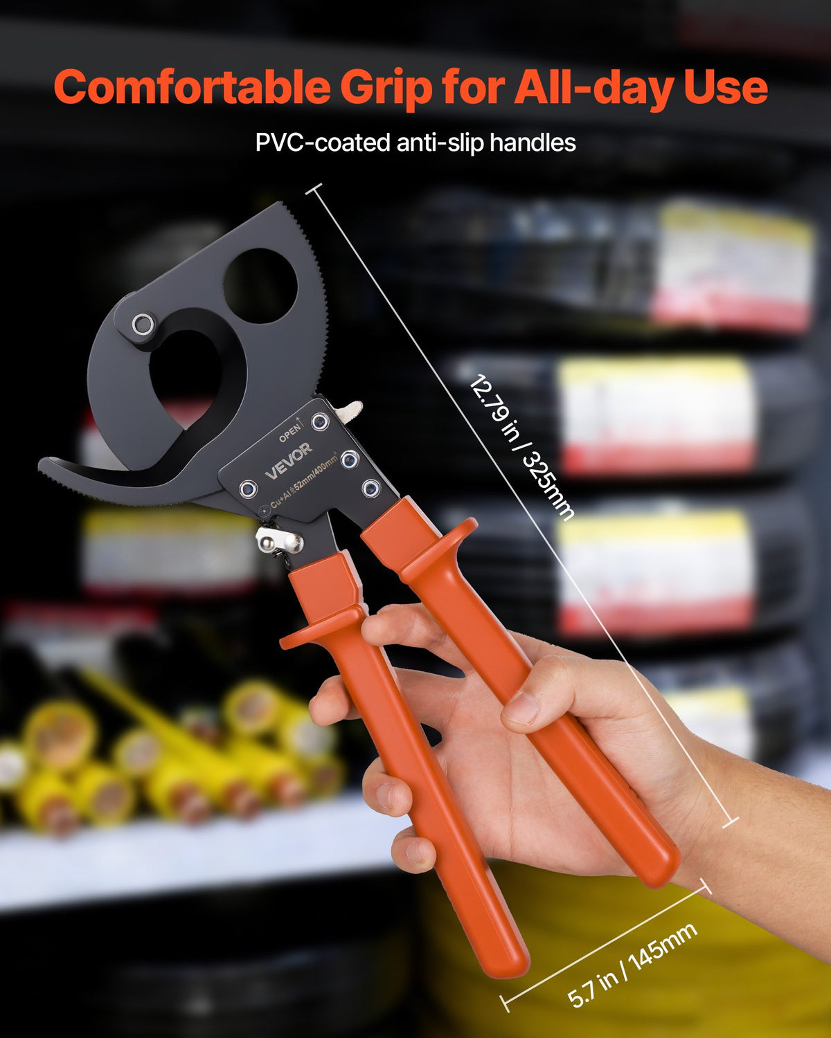 VEVOR Ratcheting Cable Cutter, Spring Steel Blades with PVC-Coated Handles, Quick-Release Button, Heavy Duty Ratchet Cable Wire Cutter for Cutting Copper & Aluminum Cables Up to 800 MCM / 400 mm²