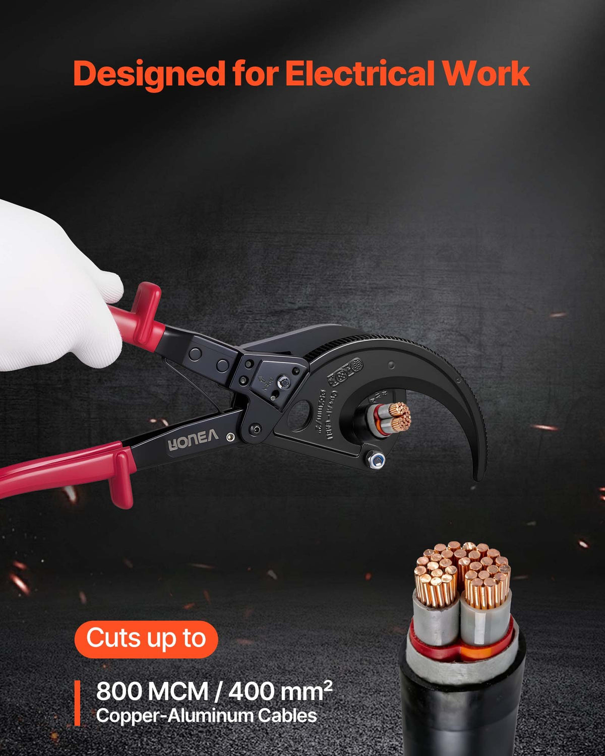 VEVOR Ratcheting Cable Cutter, Spring Steel Blades with Insulated Handles, Quick-Release Button, Heavy Duty Ratchet Cable Wire Cutter for Cutting Copper & Aluminum Cables Up to 800 MCM / 400 mm²