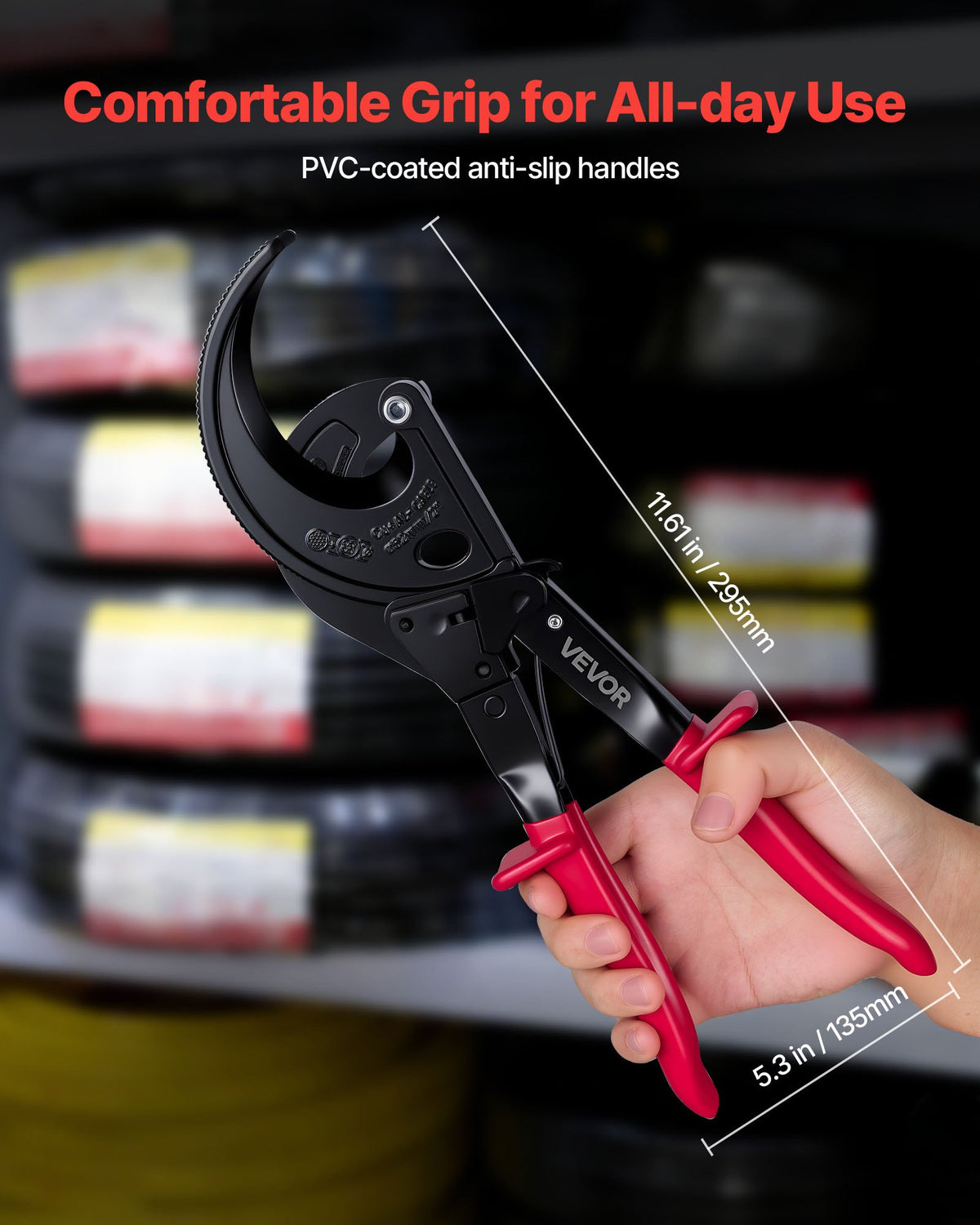 VEVOR Ratcheting Cable Cutter, Spring Steel Blades with Insulated Handles, Quick-Release Button, Heavy Duty Ratchet Cable Wire Cutter for Cutting Copper & Aluminum Cables Up to 800 MCM / 400 mm²