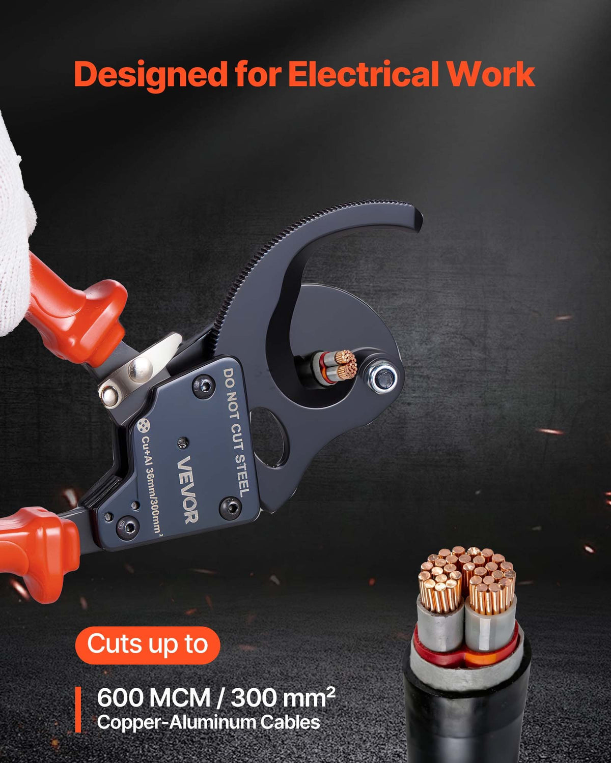 VEVOR Ratcheting Cable Cutter, Spring Steel Blades with PVC-Coated Handles, Quick-Release Button, Heavy Duty Ratchet Cable Wire Cutter for Cutting Copper & Aluminum Cables Up to 600 MCM / 300 mm²
