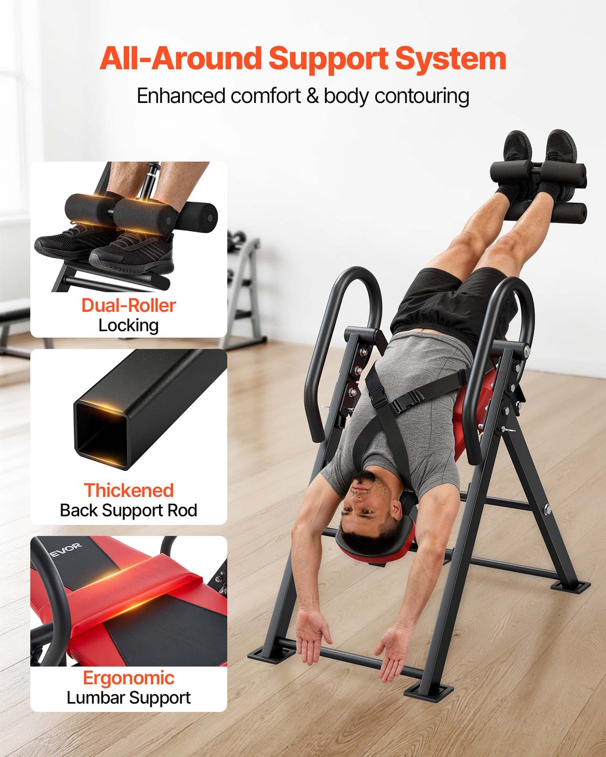 VEVOR Inversion Table, 136 kg Capacity Heavy Duty Back Inverter Stretcher, Inverted Table with Stable Structure, Dual-Roller Locking, Decompression Tables for Shoulders, Neck, Back, Knees