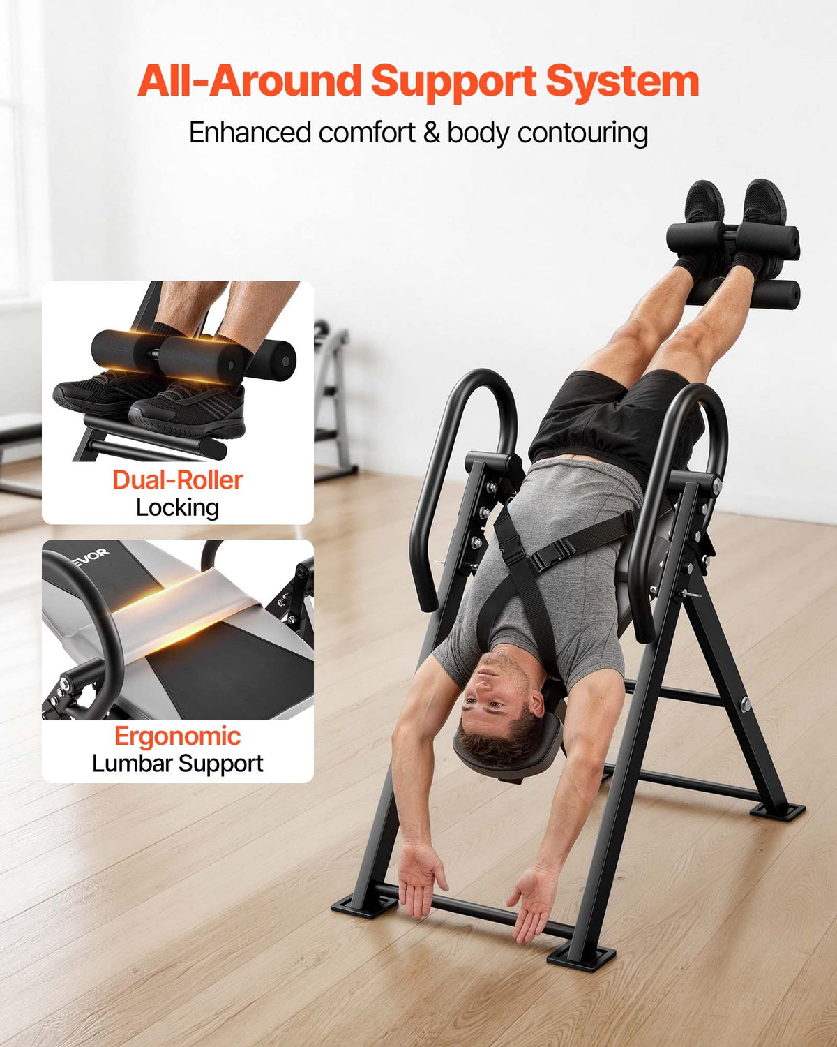VEVOR Inversion Table, 136 kg Capacity Heavy Duty Back Inverter Stretcher, Inverted Table with Stable Structure, Dual-Roller Locking, Decompression Tables for Shoulders, Neck, Back, Knees