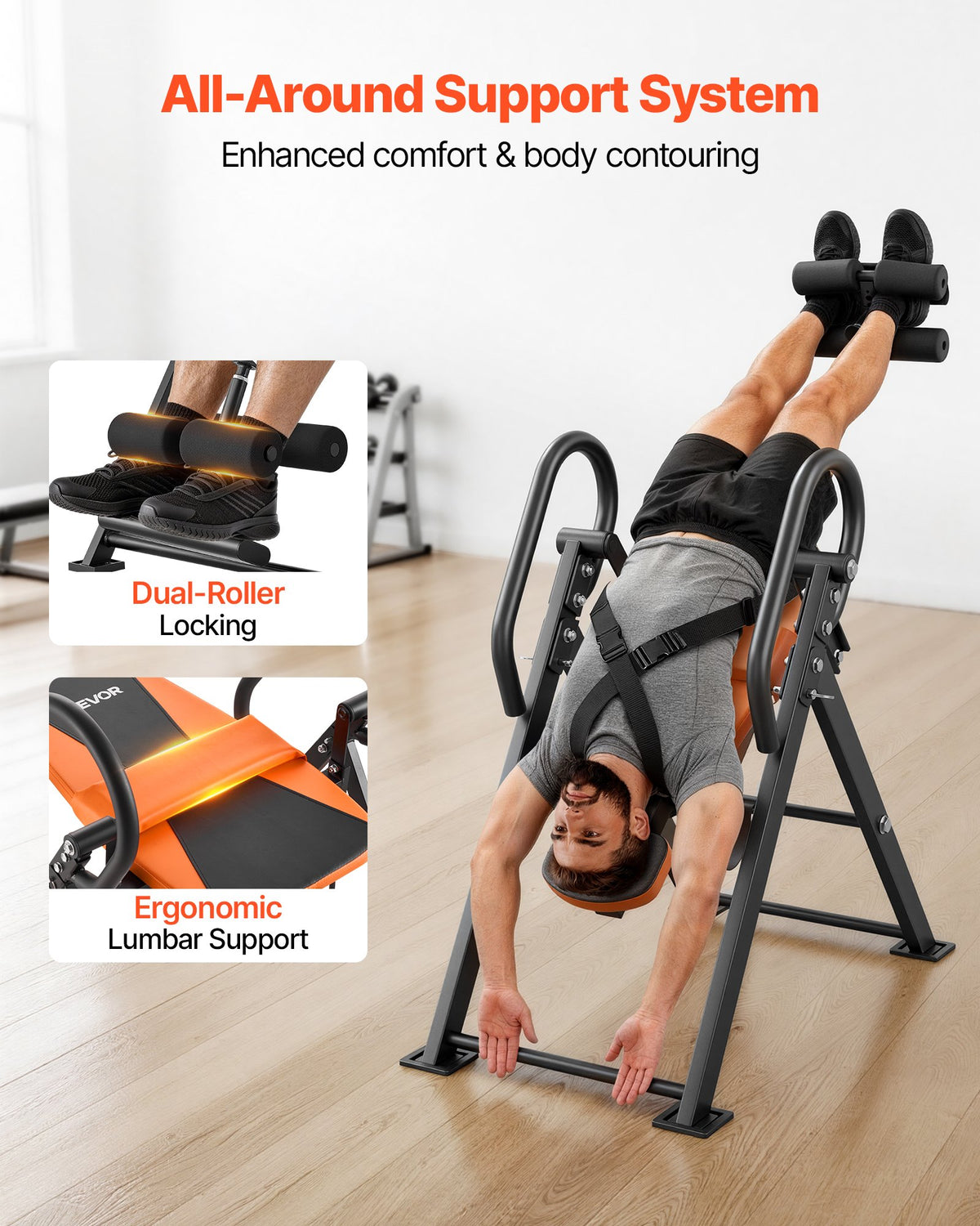 VEVOR Inversion Table, 136 kg Capacity Heavy Duty Back Inverter Stretcher, Inverted Table with Dual-Roller Locking, Decompression Tables for Shoulders, Neck, Back, Multi-Angle Adjustable Tether Strap