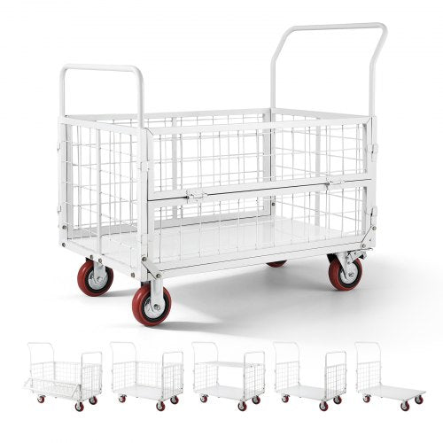VEVOR Platform Truck Cart with Cage, 2000 lbs Capacity, 6-in-1 Foldable Flatbed Cart with Swivel Wheels, Heavy Duty Hand Truck, Multi-Functional Push Dolly, for Grocery Laundry, 44.5 x 26.6 x 42.1 in