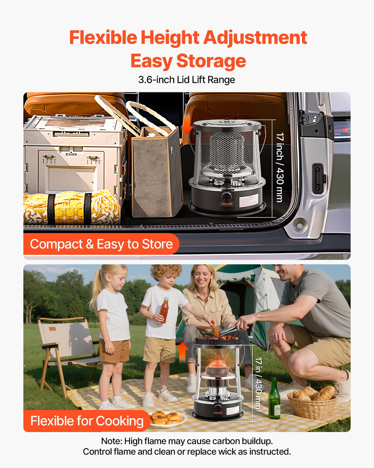VEVOR 9000 BTU Portable Kerosene Heater & Stove, 2 in 1 Non-Electric Indoor Outdoor Heater with Adjustable Height & Flame & Easy Storage,for Camping, Hunting, Cooking, Home, Garage, Black