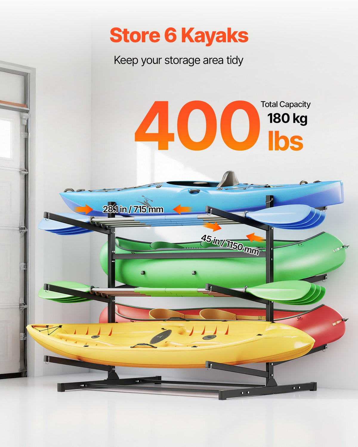 VEVOR Kayak Storage Rack for 6 Kayaks, Holds 180 kg, Heavy Duty Freestanding Stand for Indoor Outdoor Garage Shed Dock, Storage Rack Stand Holder for Canoe, Small Boat, SUP, Surfboard & Paddleboard