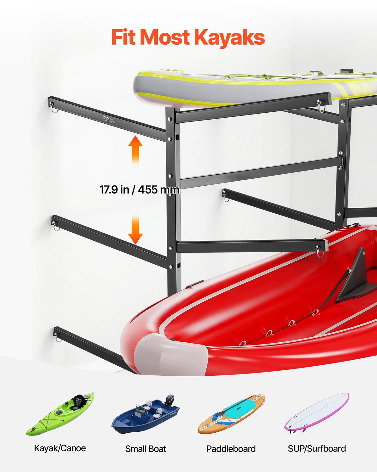 VEVOR Kayak Storage Rack for 6 Kayaks, Holds 180 kg, Heavy Duty Freestanding Stand for Indoor Outdoor Garage Shed Dock, Storage Rack Stand Holder for Canoe, Small Boat, SUP, Surfboard & Paddleboard