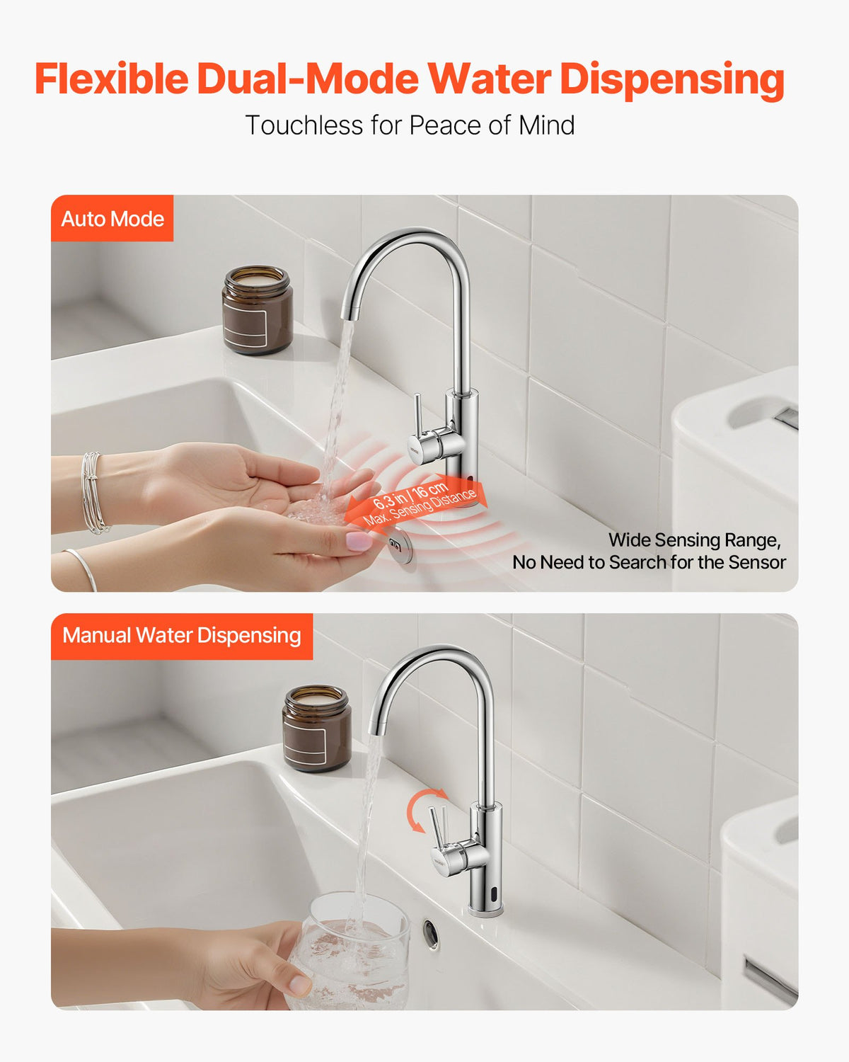 VEVOR Touchless Kitchen Bar Sink Faucet, Single Handle Automatic Motion Sensor Bathroom Faucet, Hands-Free Adjustable Cold Hot Water Mixer Flexible Swivel for 9.5 mm Pipe,Chrome Plated Silver