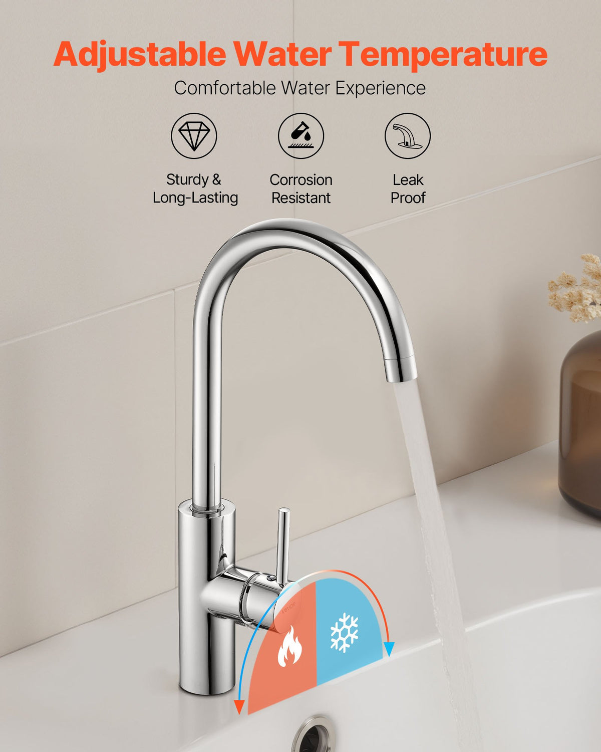 VEVOR Touchless Kitchen Bar Sink Faucet, Single Handle Automatic Motion Sensor Bathroom Faucet, Hands-Free Adjustable Cold Hot Water Mixer Flexible Swivel for 9.5 mm Pipe,Chrome Plated Silver