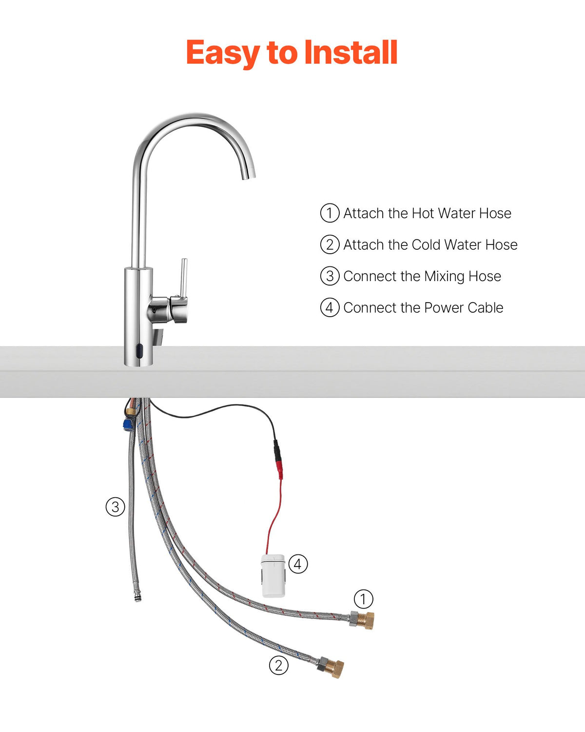 VEVOR Touchless Kitchen Bar Sink Faucet, Single Handle Automatic Motion Sensor Bathroom Faucet, Hands-Free Adjustable Cold Hot Water Mixer Flexible Swivel for 9.5 mm Pipe,Chrome Plated Silver