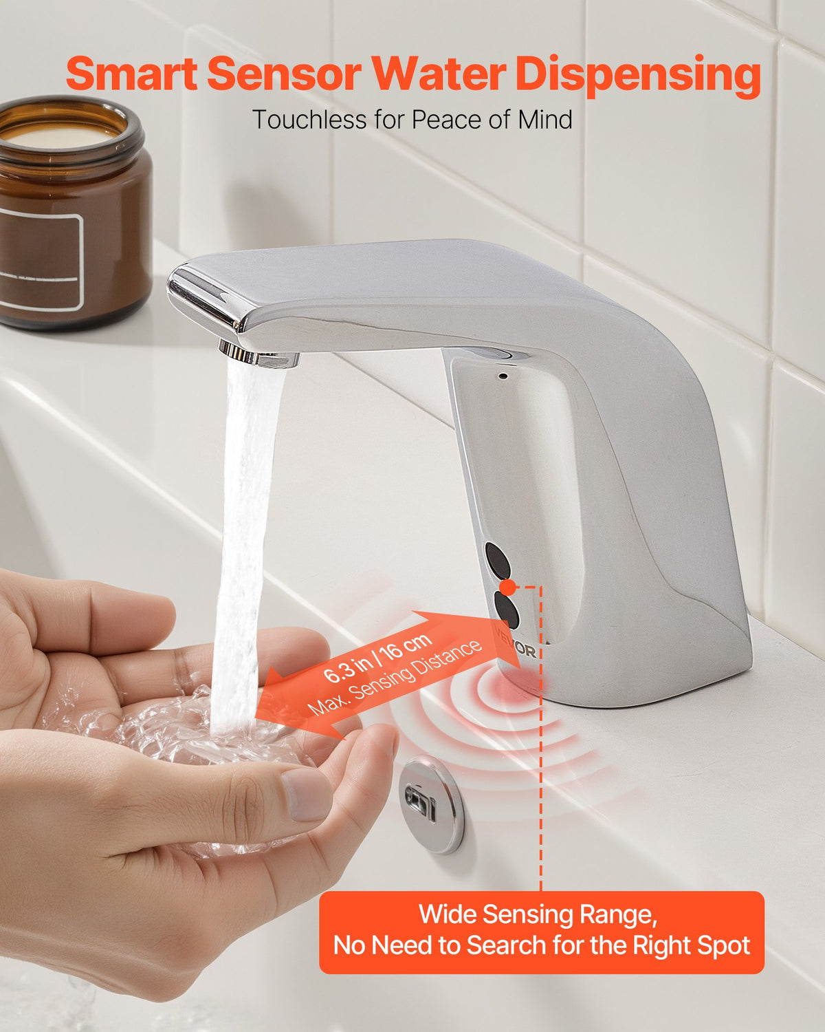 VEVOR Touchless Bathroom Sink Faucet, Automatic Motion Sensor Restroom Toilet Faucet Cold Water with Single Hole, Battery Operated for 9.5 mm Pipe Commercial Lavatory,Chrome Plated Silver