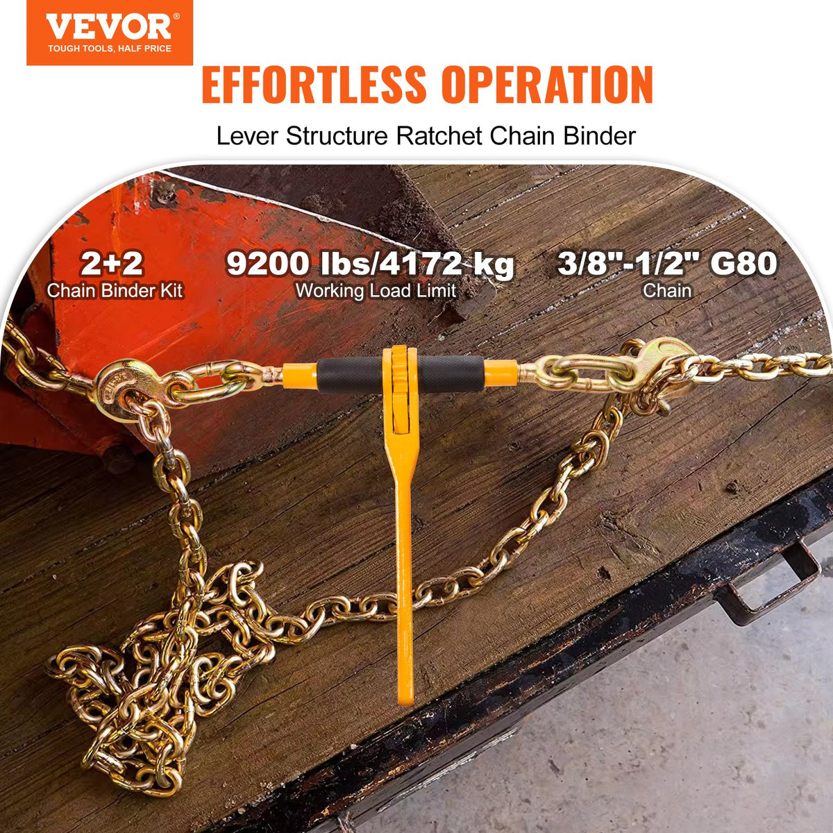 VEVOR Chain and Binder Kit, 3/8"-1/2" Ratchet Load Binders 9200 lbs Working Load Limit, 3/8" x 10' G80 Chains with Grab Hooks, Ratchet Binders and Chains for Truck, Tie Down, Hauling, Towing, 2 Set