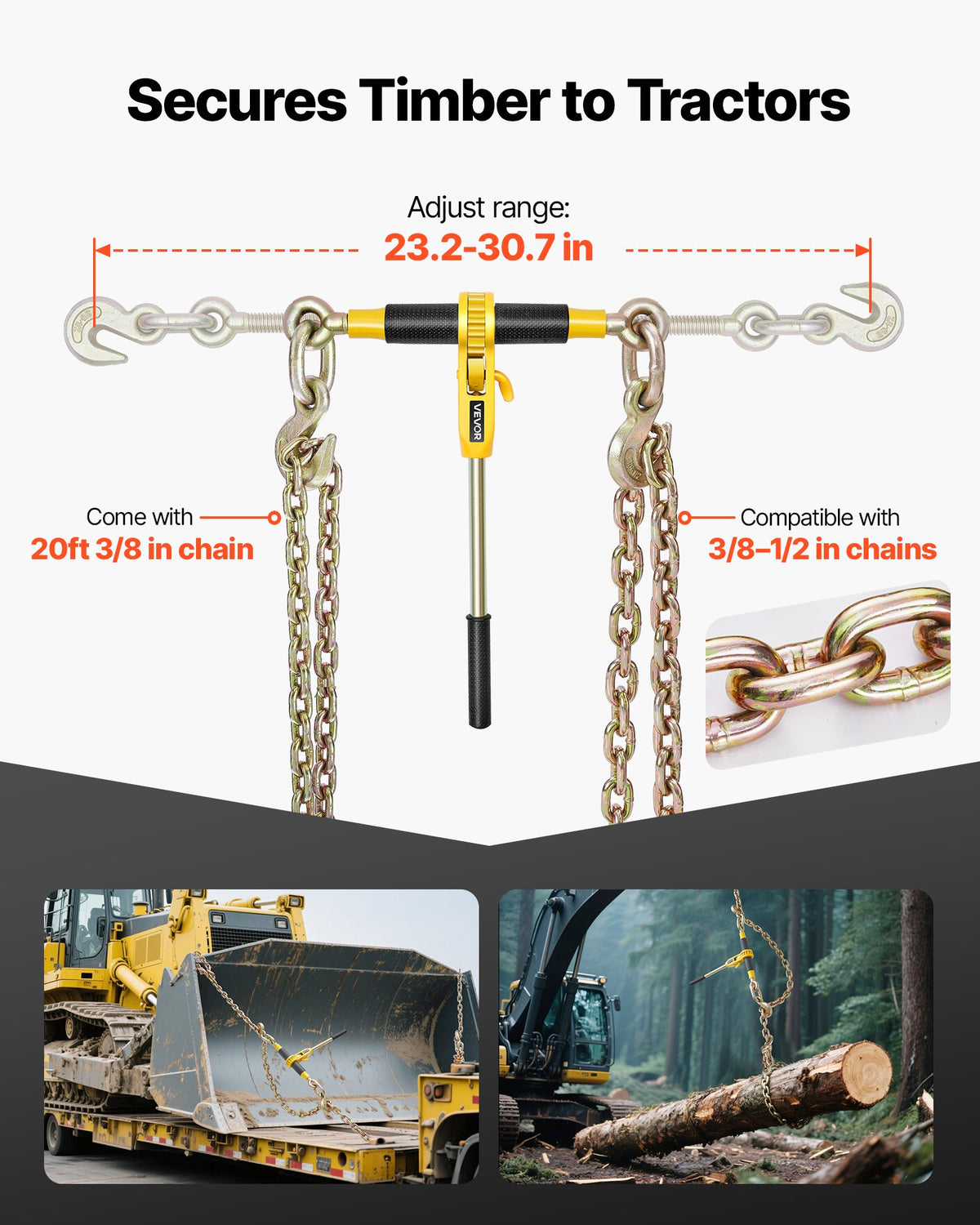 VEVOR Ratchet Chain Binder, 10 mm x 6.1 m G80 Chains, 4173 kg Working Load of Ratchet Load Binder, Chains and Binders Set, Tie Down Hauling Chain Binders for Hauling, Towing, Logging, Lifting