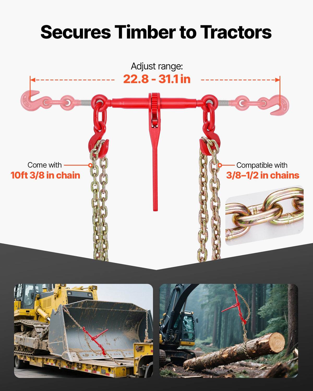 VEVOR Ratchet Chain Binder, 10 mm x 3 m G80 Chains, 4173 kg Working Load of Ratchet Load Binder, Chains and Binders Set, Tie Down Hauling Chain Binders for Hauling, Towing, Logging, Lifting