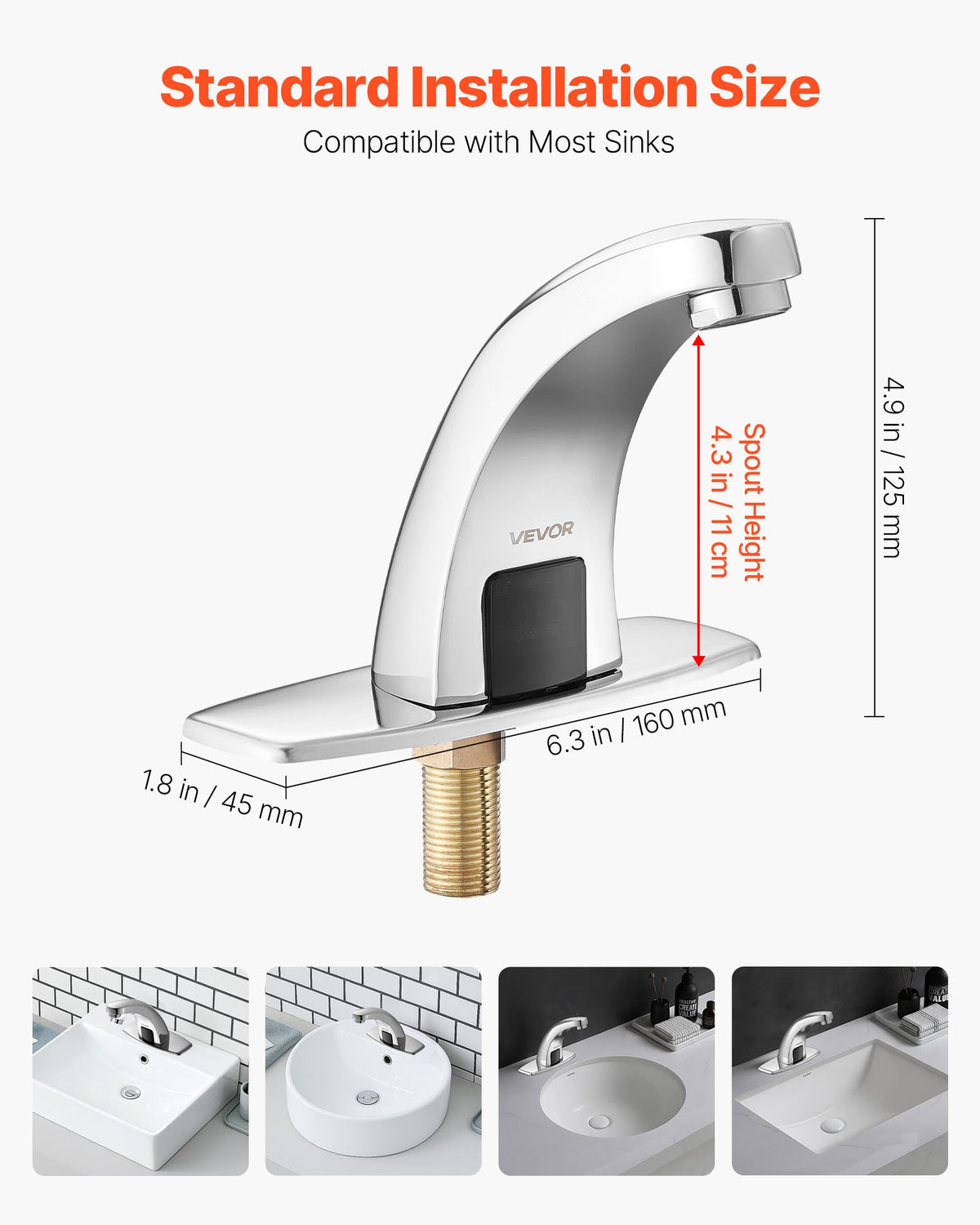 VEVOR Touchless Bathroom Sink Faucet, Automatic Motion Sensor Restroom Toilet Faucet with Hole Cover Plate, Battery Operated,Hot/Cold Water for 9.5 mm Pipe Commercial Lavatory,Chrome Plated Silver