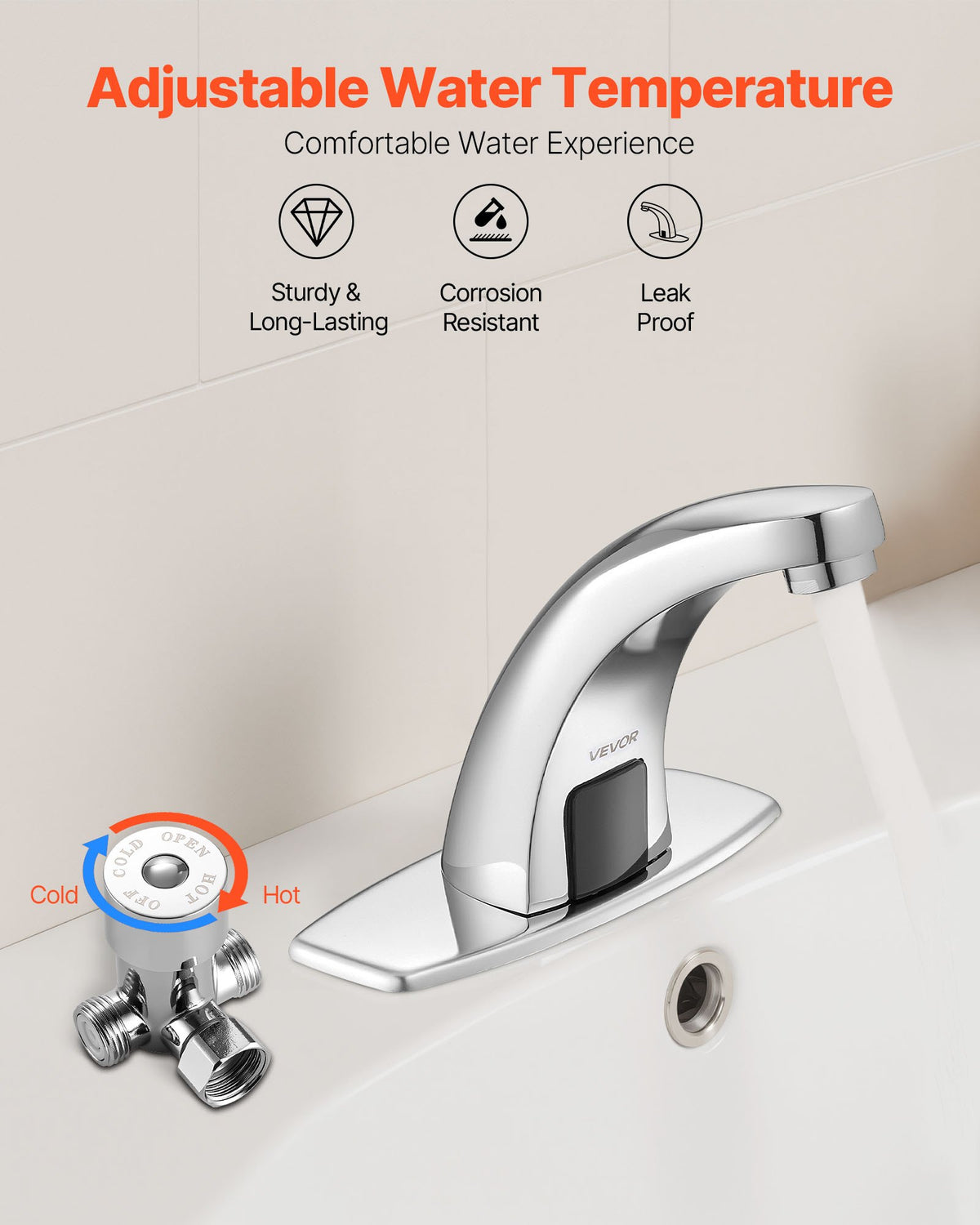 VEVOR Touchless Bathroom Sink Faucet, Automatic Motion Sensor Restroom Toilet Faucet with Hole Cover Plate, Battery Operated,Hot/Cold Water for 9.5 mm Pipe Commercial Lavatory,Chrome Plated Silver