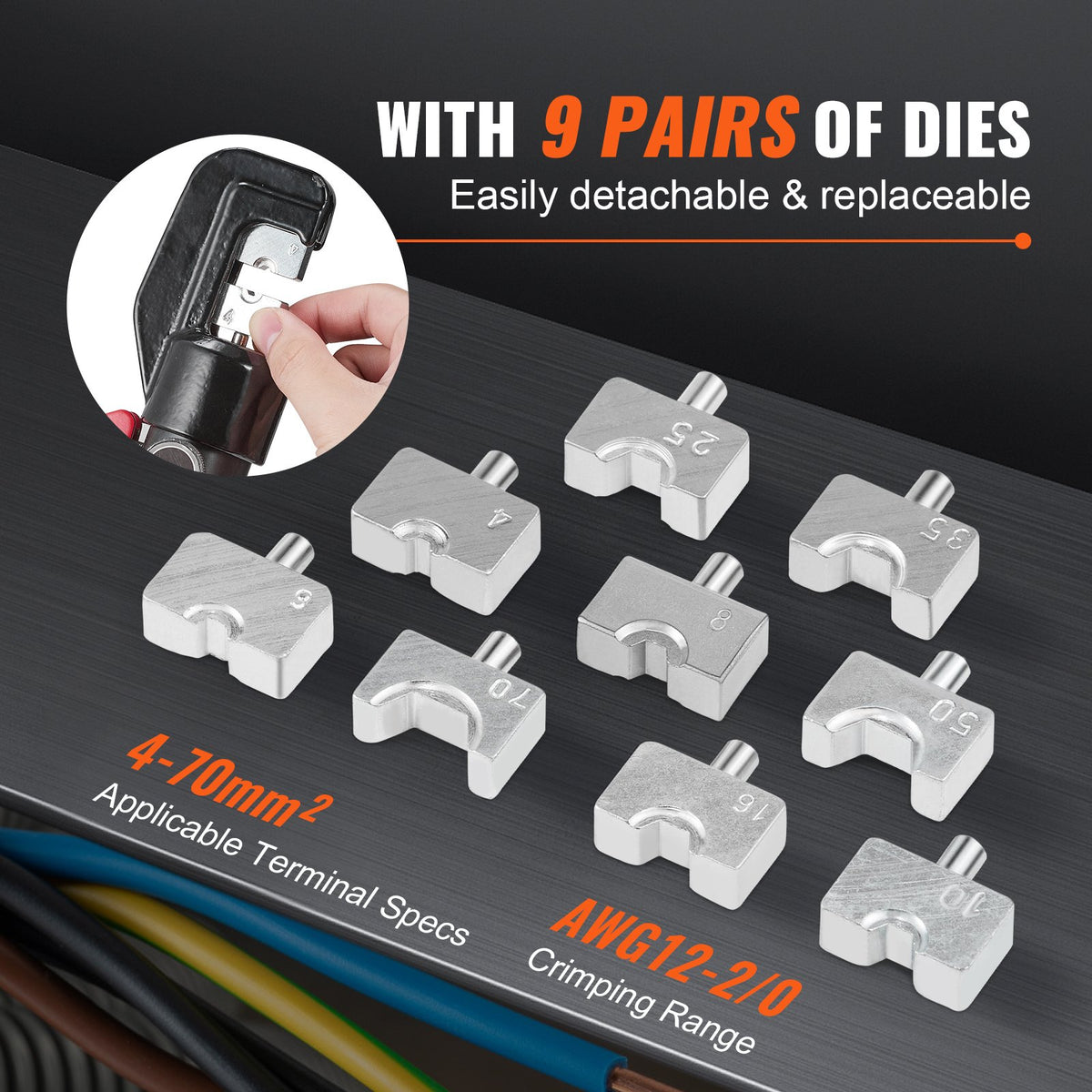 VEVOR Hydraulic Crimping Tool with 9 Sets of  Dies AWG12-2/0 Copper And Aluminum Terminal Battery Lug Crimper
