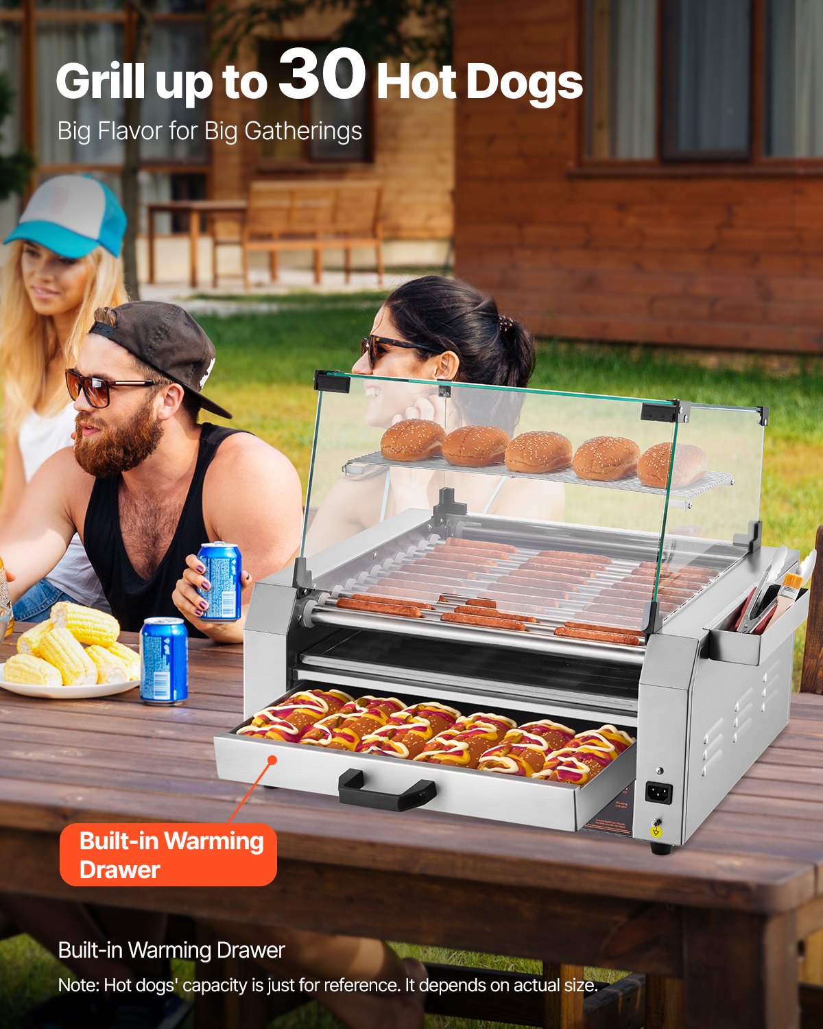 VEVOR Hot Dog Roller, 30 Hot Dog 11 Rollers, Stainless Steel Sausage Grill Cooker, 2400W Hot Dog Machine with Bun Warmer, Cover, 3 Temp Control, Side Storage Box, Oil Drip Tray, for Home & Commercial