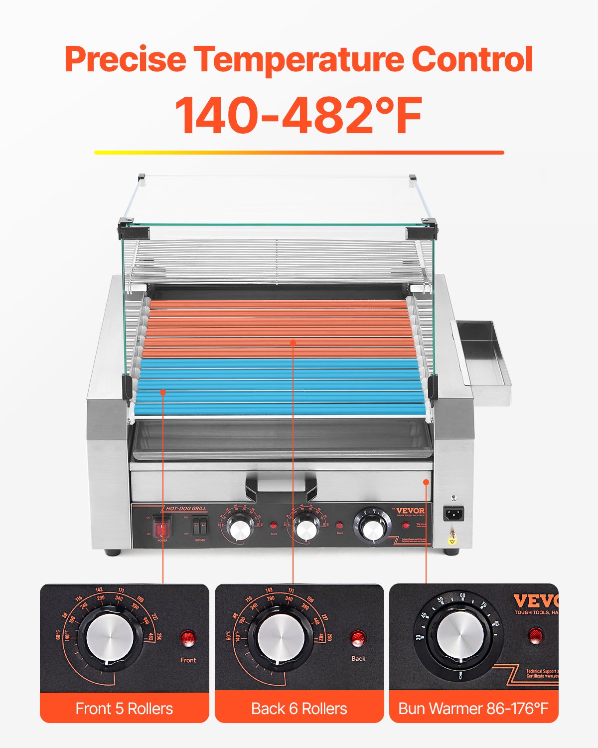 VEVOR Hot Dog Roller, 30 Hot Dog 11 Rollers, Stainless Steel Sausage Grill Cooker, 2400W Hot Dog Machine with Bun Warmer, Cover, 3 Temp Control, Side Storage Box, Oil Drip Tray, for Home & Commercial