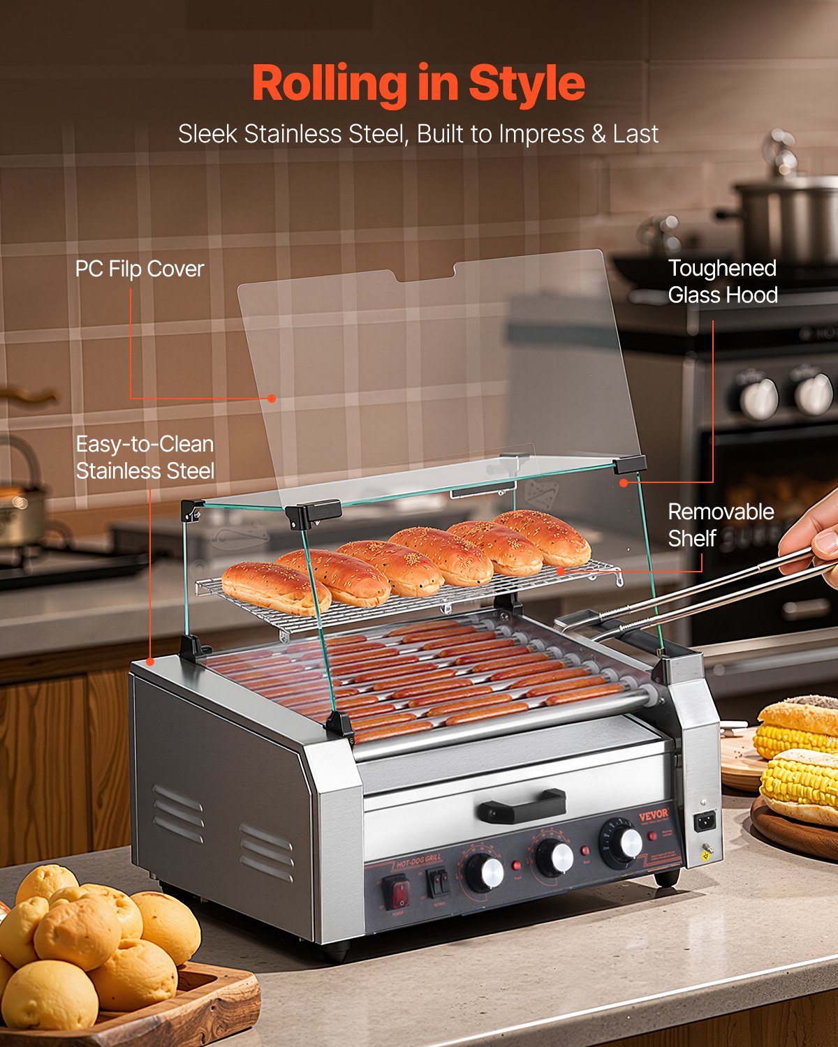 VEVOR Hot Dog Roller, 30 Hot Dog 11 Rollers, Stainless Steel Sausage Grill Cooker, 2400W Hot Dog Machine with Bun Warmer, Cover, 3 Temp Control, Side Storage Box, Oil Drip Tray, for Home & Commercial